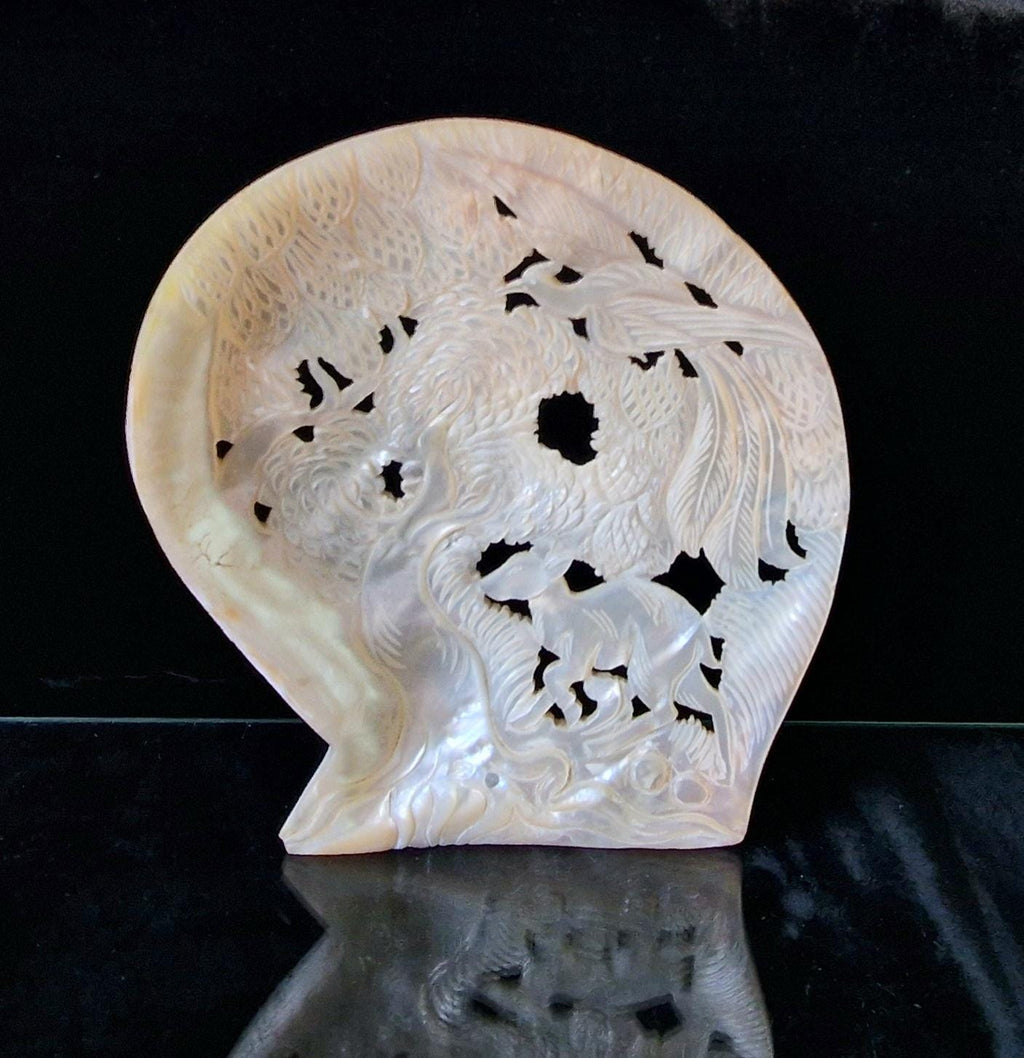Vintage Chinese Carved Large Mother Of Pearl Shell Animal Birds Forest Scene