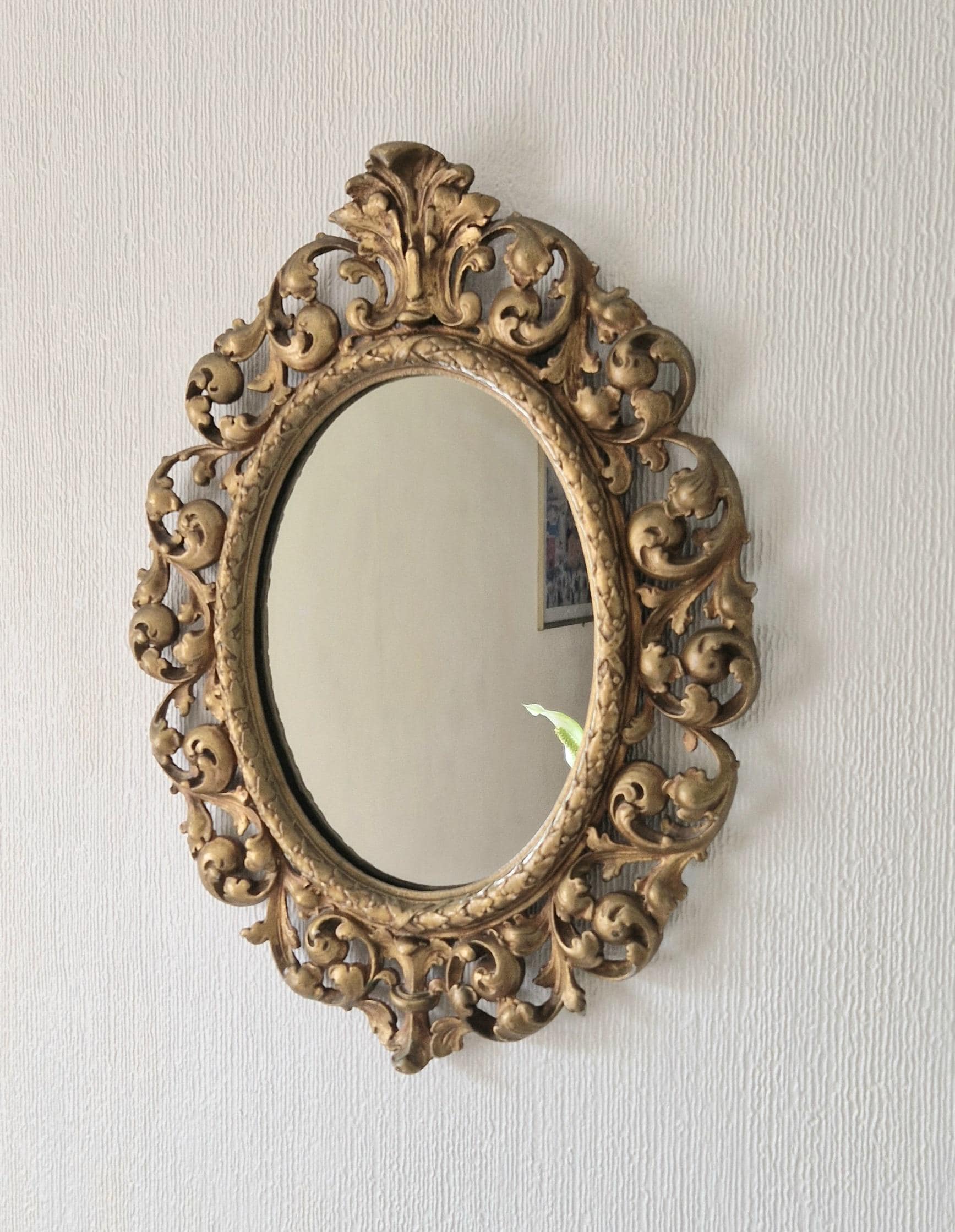 Vintage Heavy Gilt Cast Metal Ornate Rococo Oval Wall Mirror 47.5cm