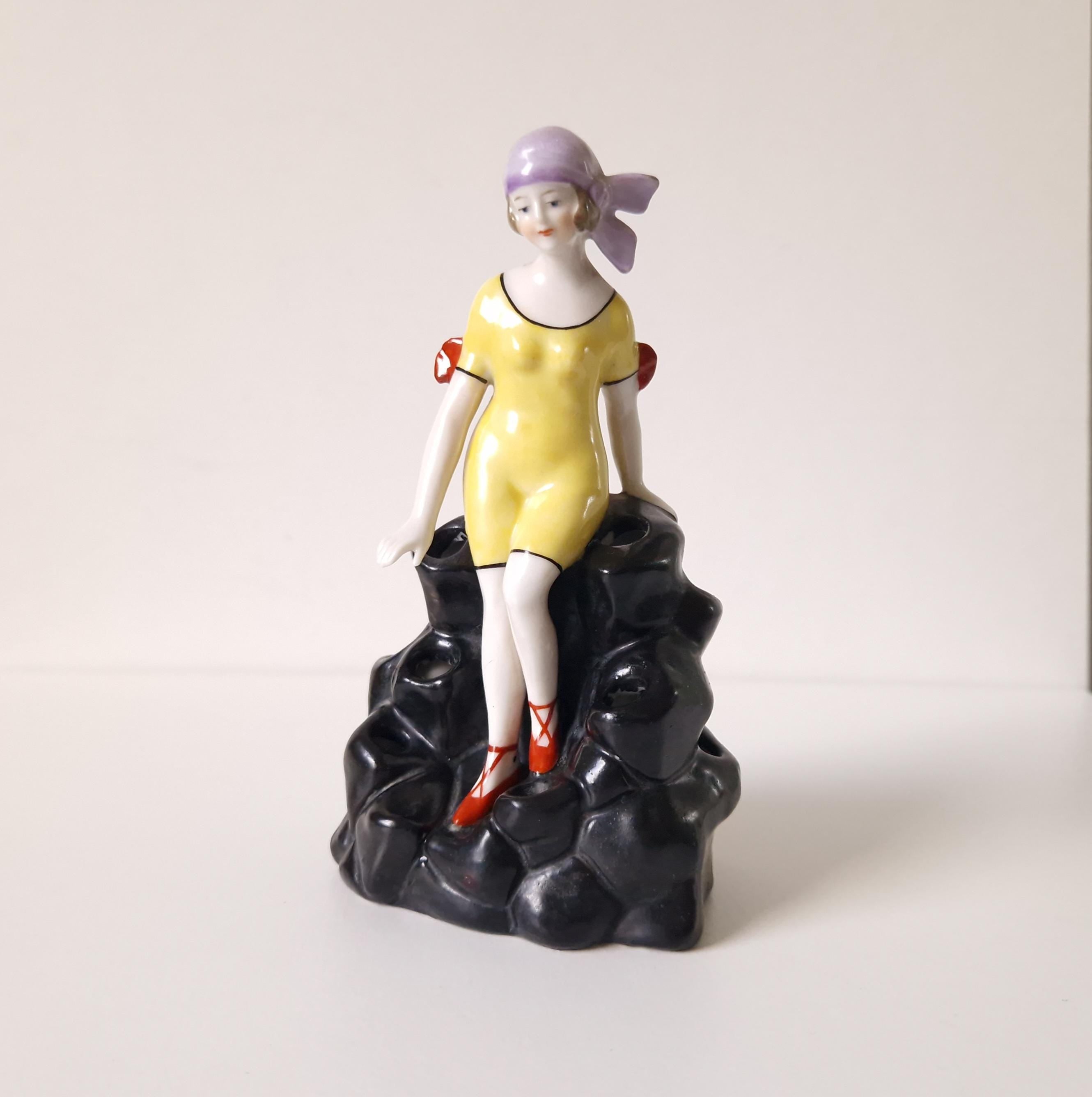 Art Deco Flapper Girl Ceramic Ornament: 1920s Bathing Beauty Hat Pin Holder