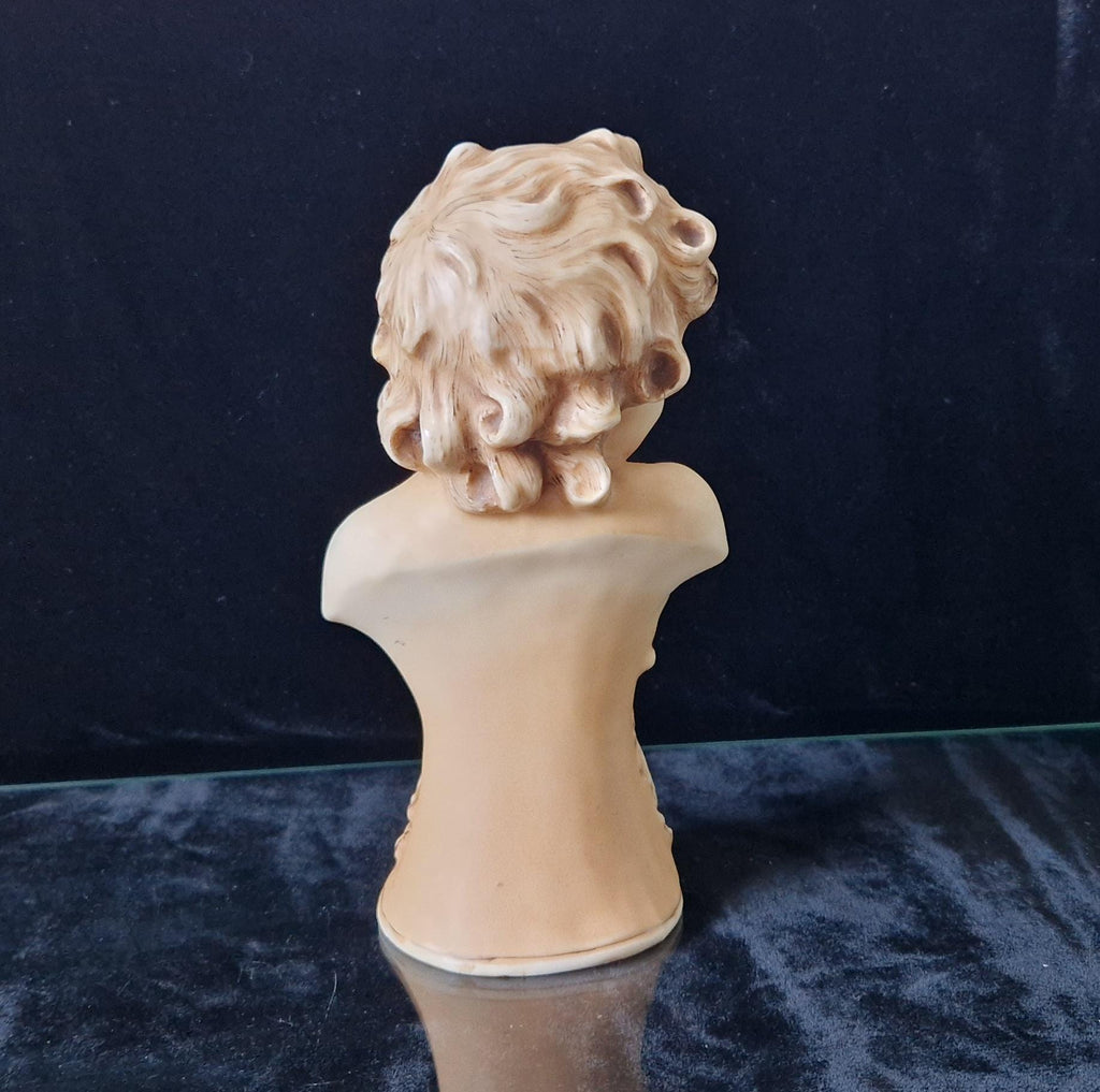 2 Antique Continental Patinated Bisque Porcelain Putti Child Bust Figures 7 inch