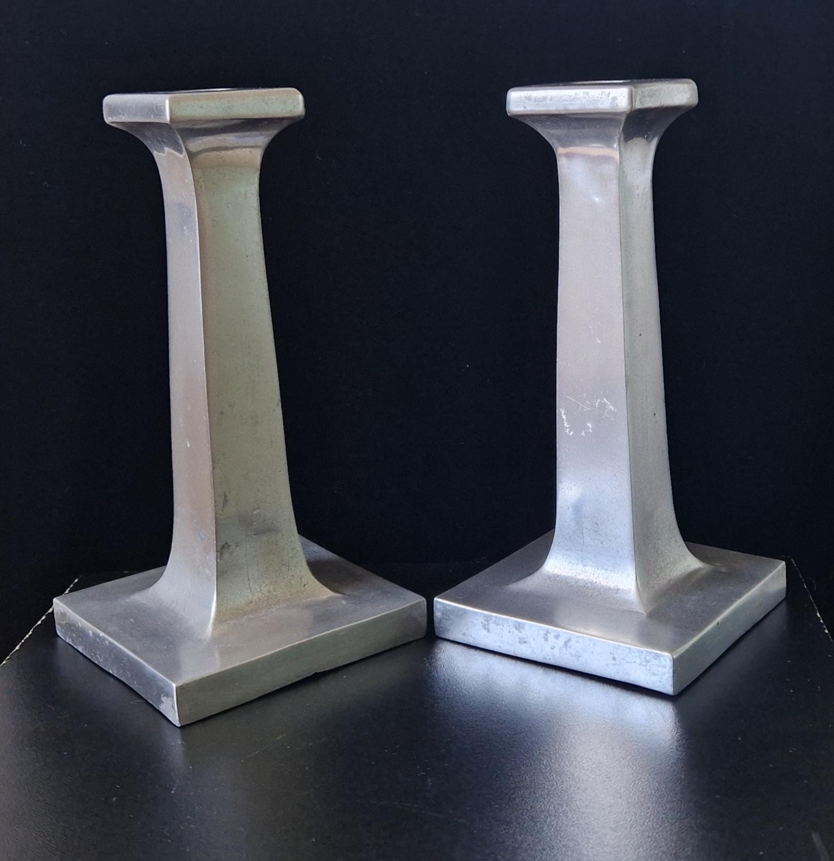 Pair of Solid Cast Aluminium Arts & Crafts Geometric Column Candlestick Holders