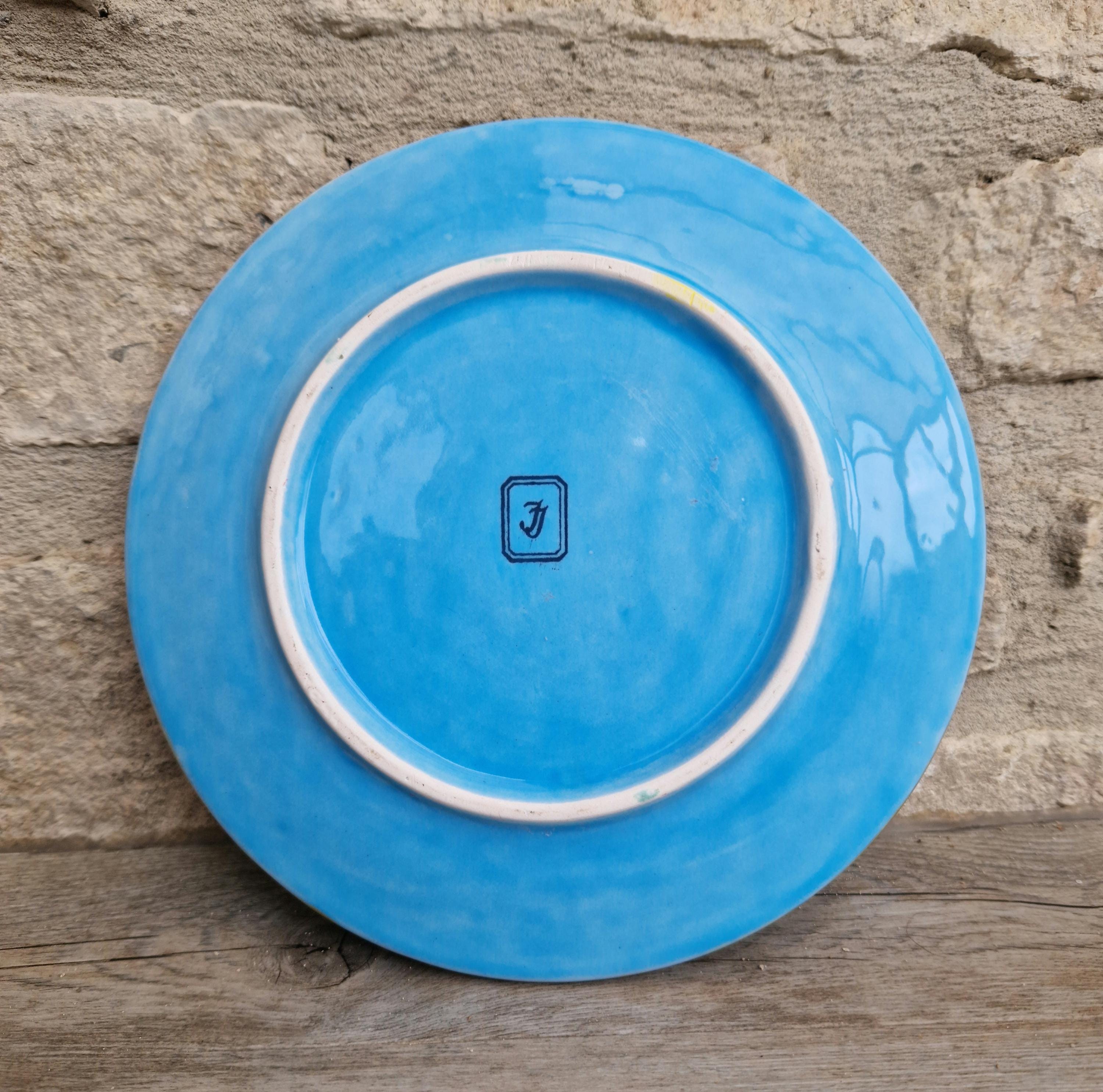 Art Nouveau Majolica Pottery Plate With Leaf & Fern Design Light Blue Ground Double "J" Mark 22cm