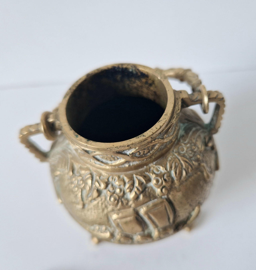 Antique Solid Brass Ornate Tri-Footed Cauldron With Handle Trinket Box