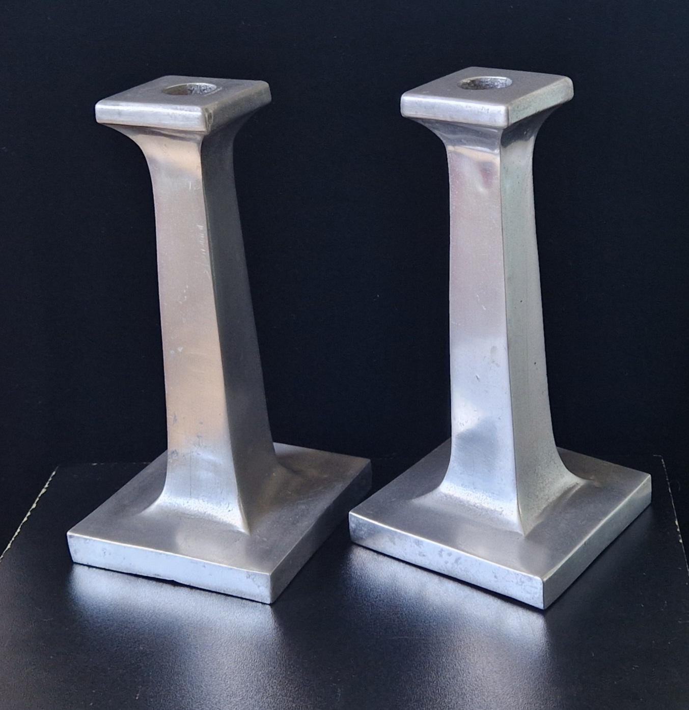Pair of Solid Cast Aluminium Arts & Crafts Geometric Column Candlestick Holders