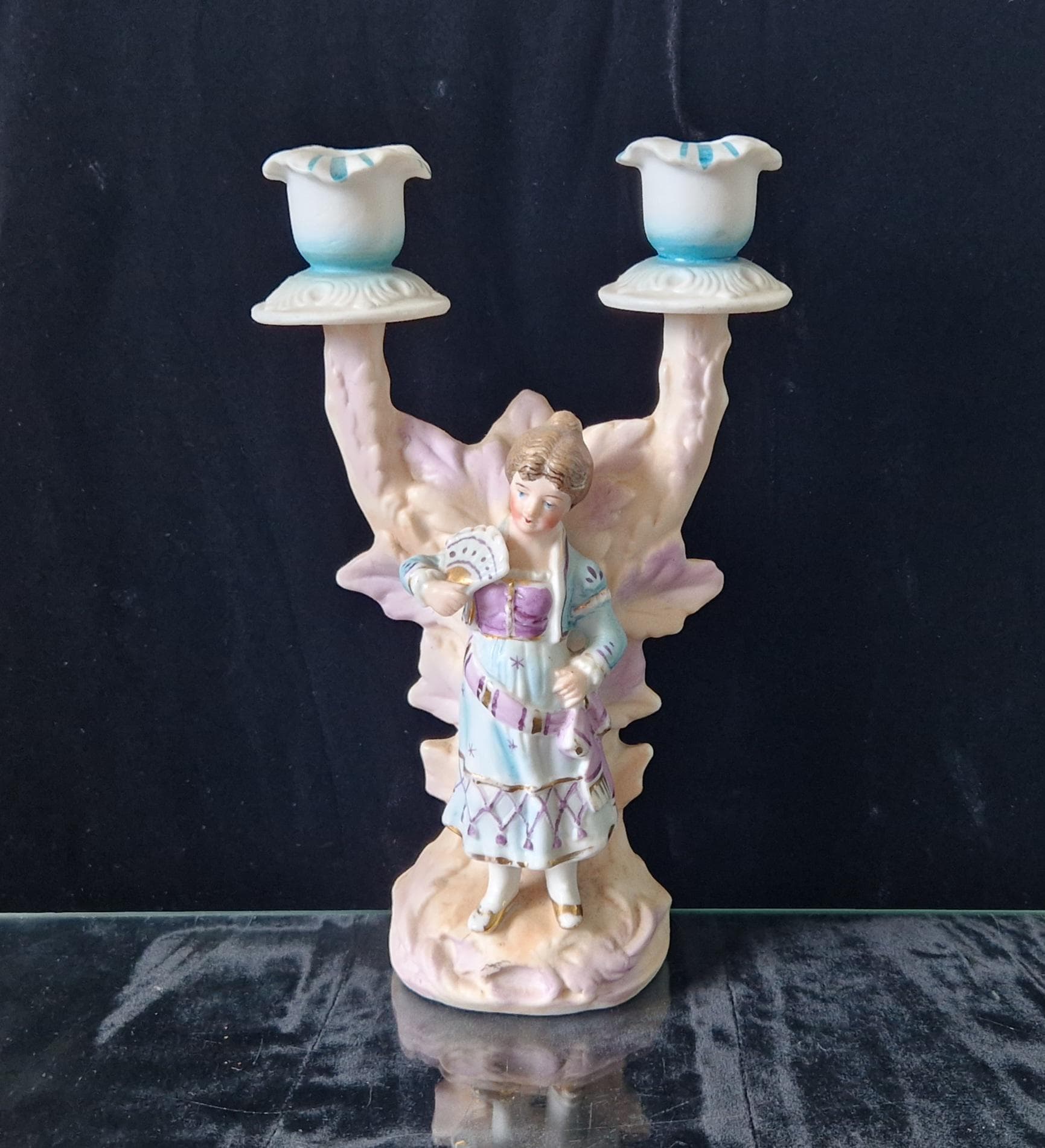 19th Century Continental Bisque Handpainted Fan Girl Figural 2 Candle Candelabra