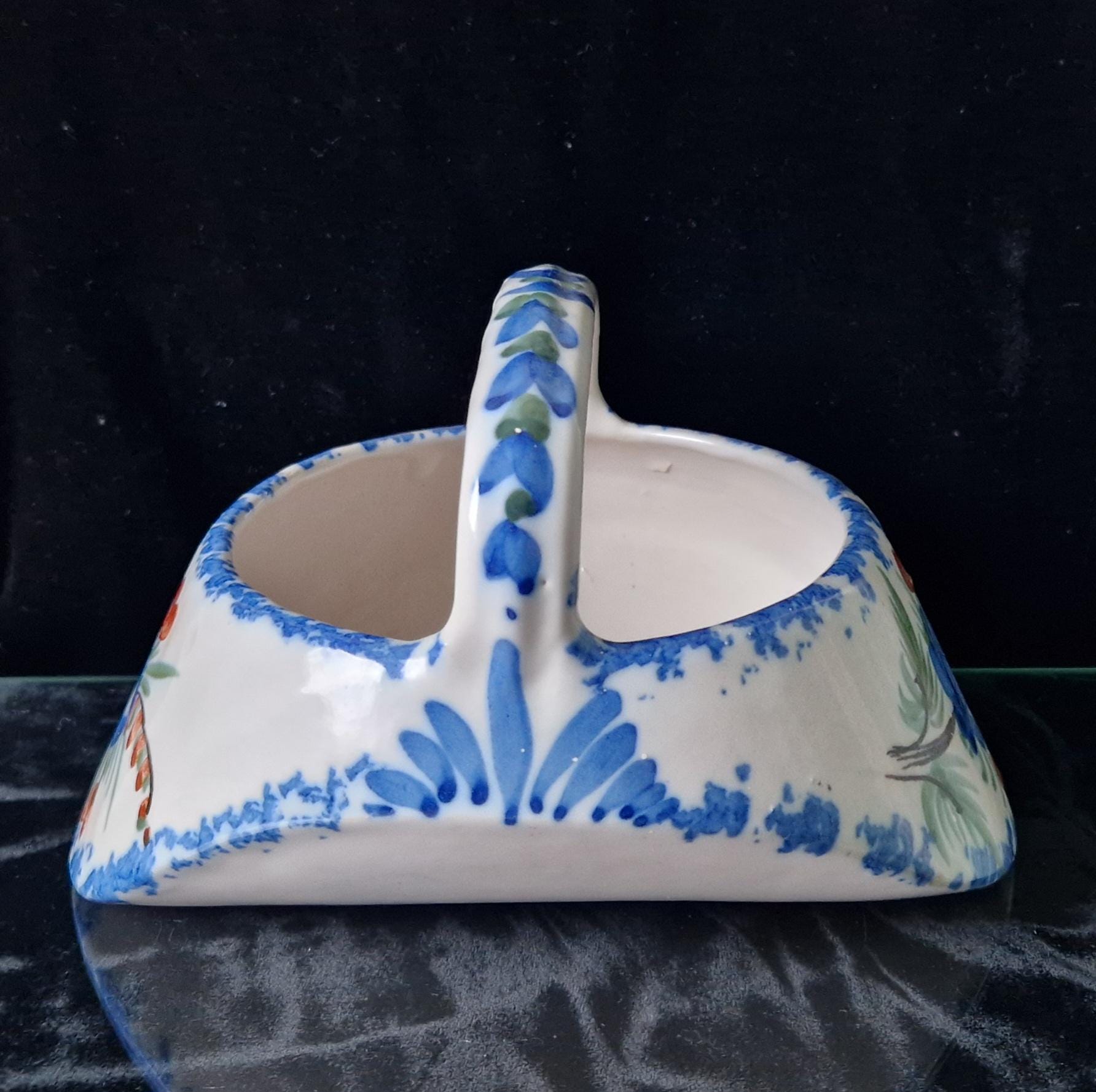 Antique Quimper Faience Floral Basket Vase Ornament - 18cm Decorative Basket France