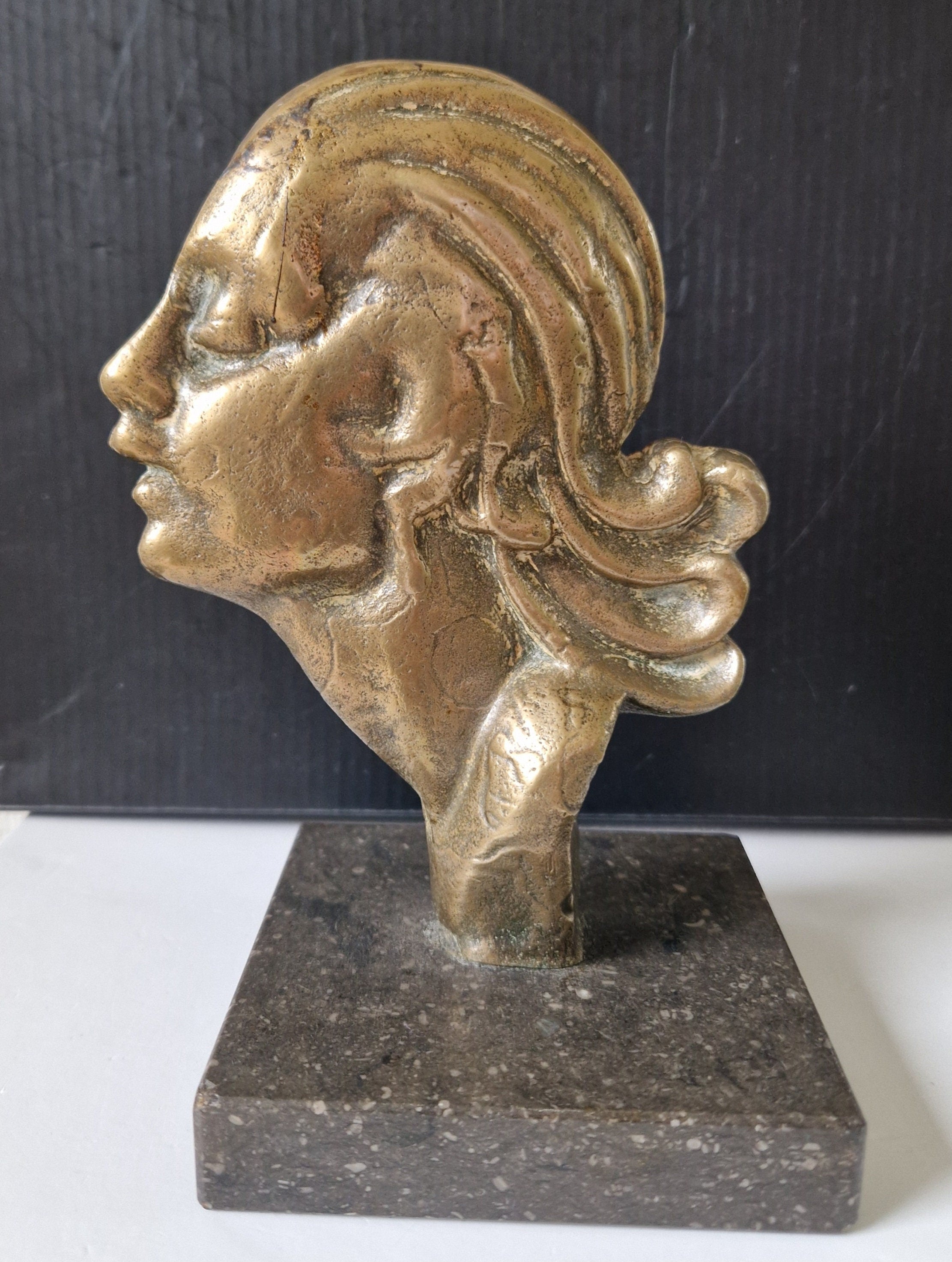 Art Deco Cast Bronze Girl's Head Profile Black Marble Mounted Desk Sculpture