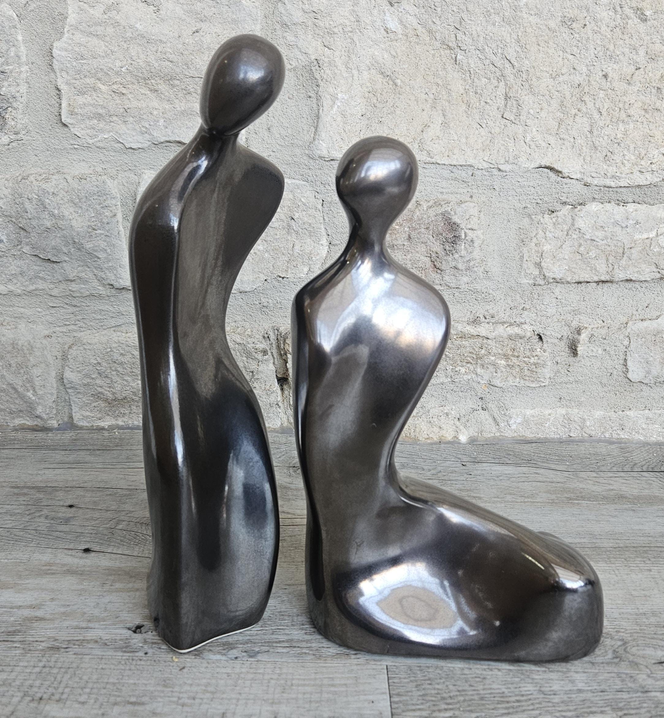 Vintage Tall Large Abstract Couple Figures Ceramic Metallic Finish 32 and 28cm Tall