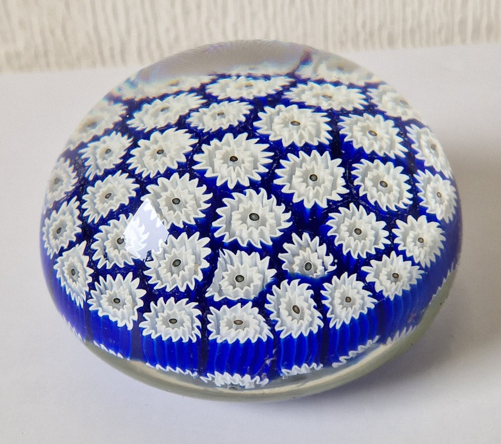 ALT Studio Murano Glass Deep Blue & White Star Flower Millifiore Paperweight