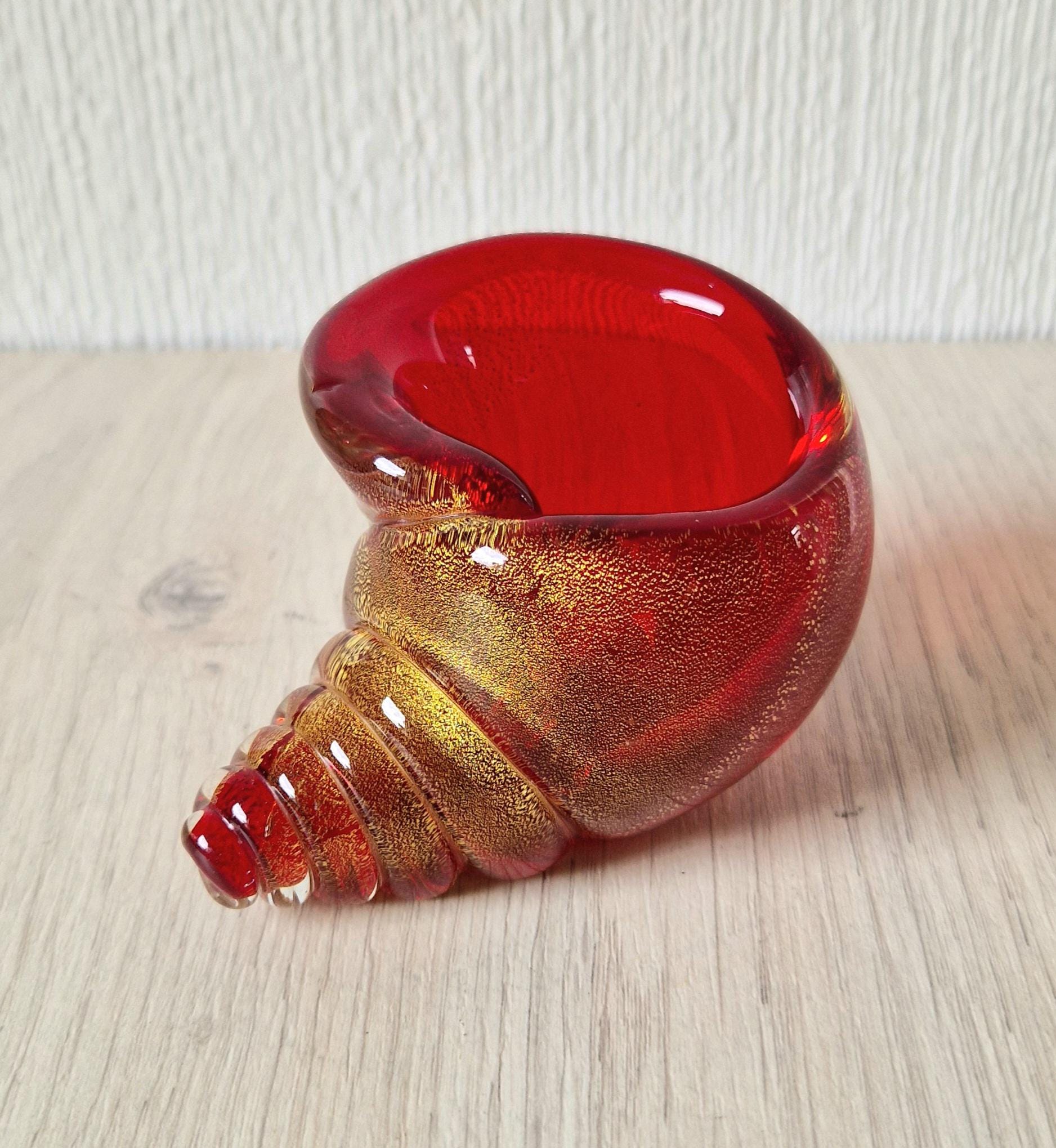 Vintage Archimede Seguso Red & Gold Flake Murano Art Glass Conch Shell Ornament 1950's