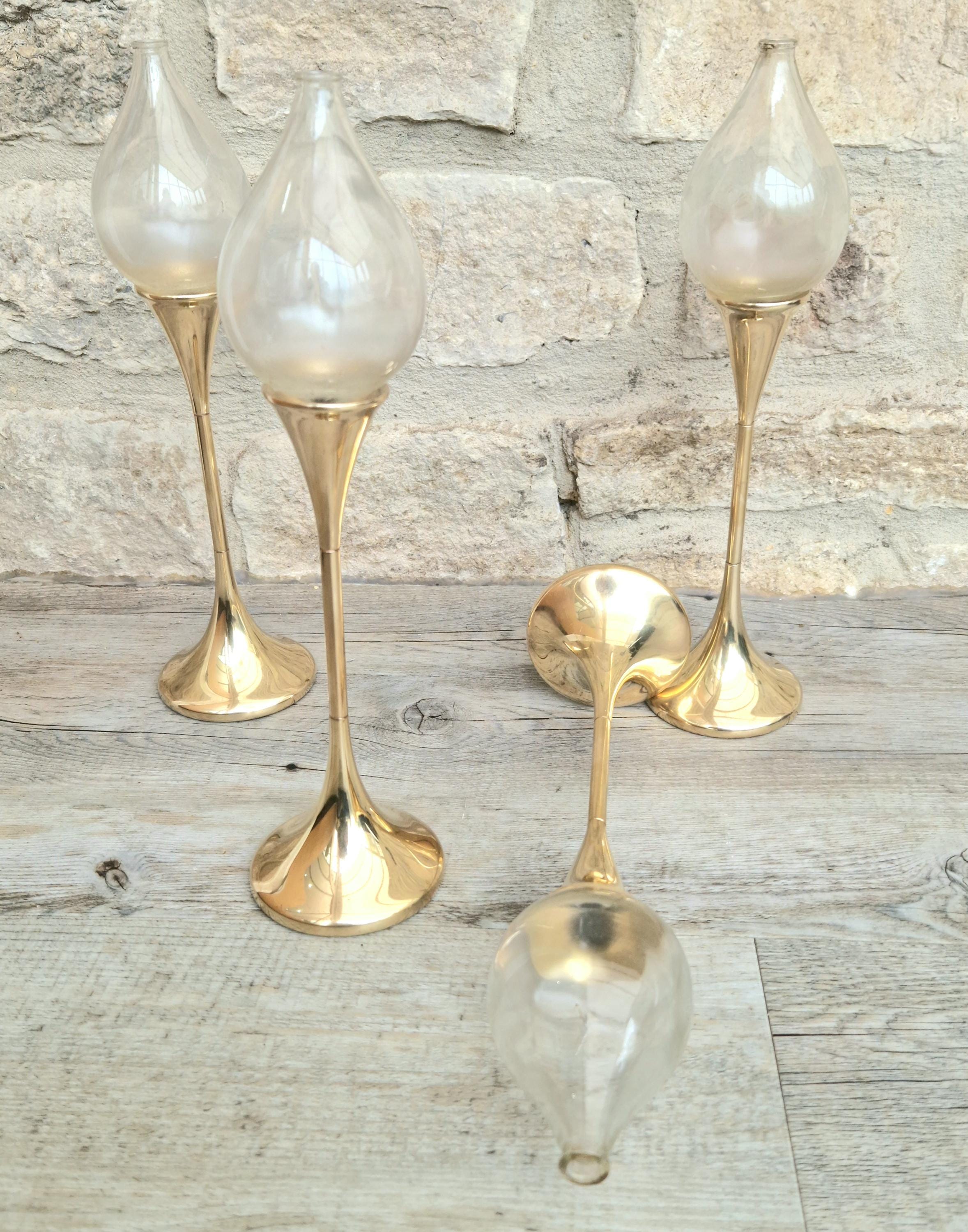 Vintage 4 x Large Brass Freddie Andersen Clear Drop Oil Lamps Germany 1970