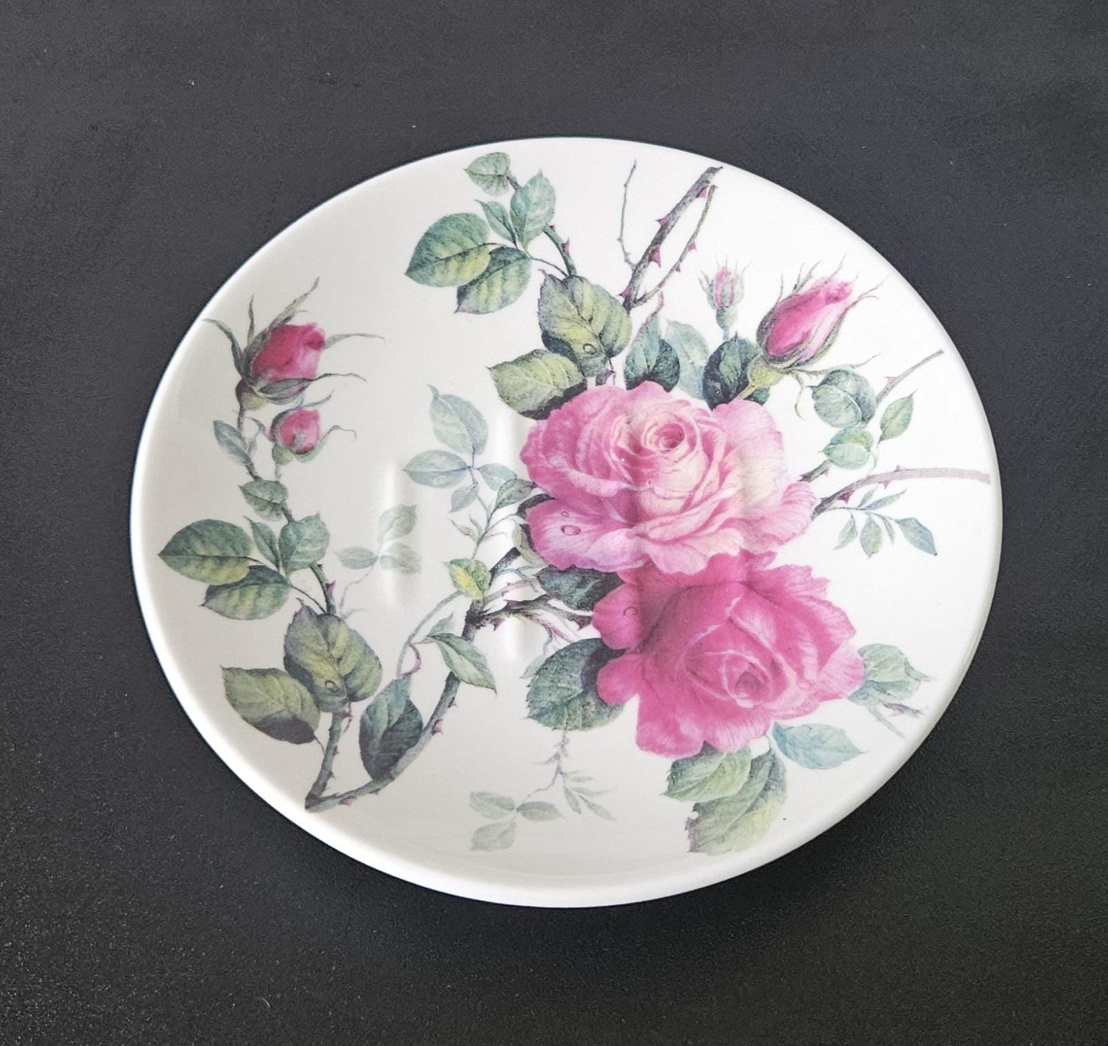 Vintage Round Large Soap Dish English Rose Fine Bone China England 1992 Roy Kirkham Approx 14cm Diameter