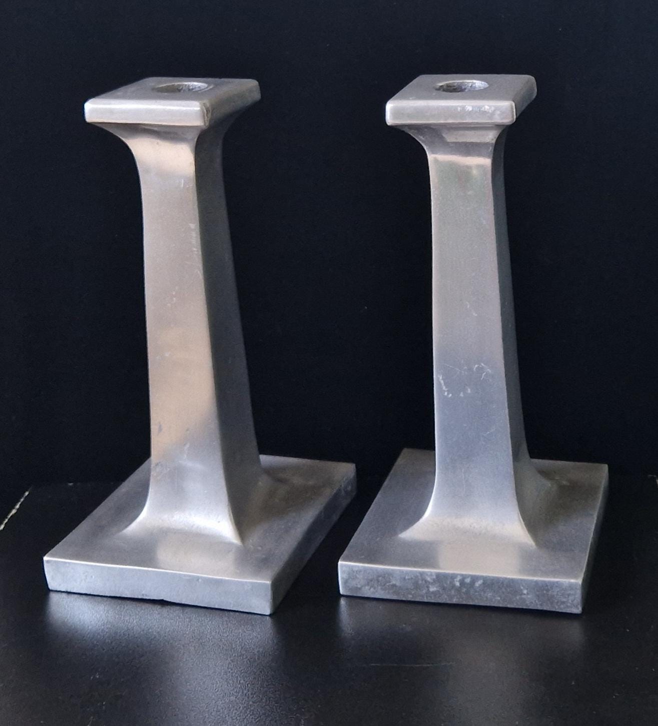 Pair of Solid Cast Aluminium Arts & Crafts Geometric Column Candlestick Holders