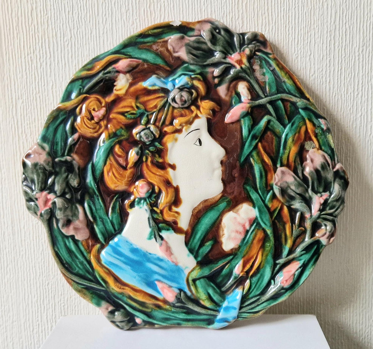 Antique Majolica Floral Blue Dress Lady Art Nouveau Handpainted Ceramic Wall Plaque Roundel