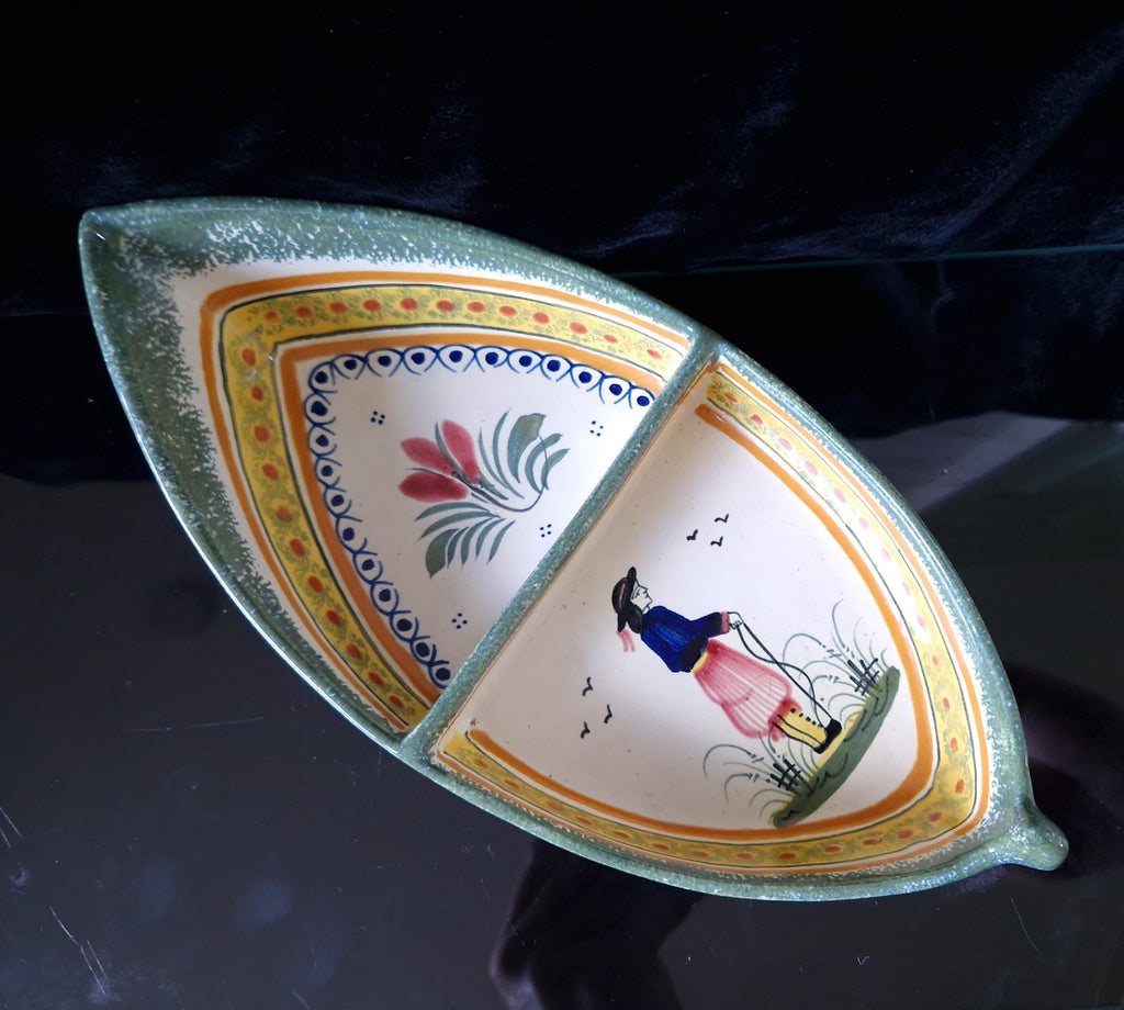 Vintage Henriot Quimper Faience Ceramic Boat Shape Divided Serving Dish