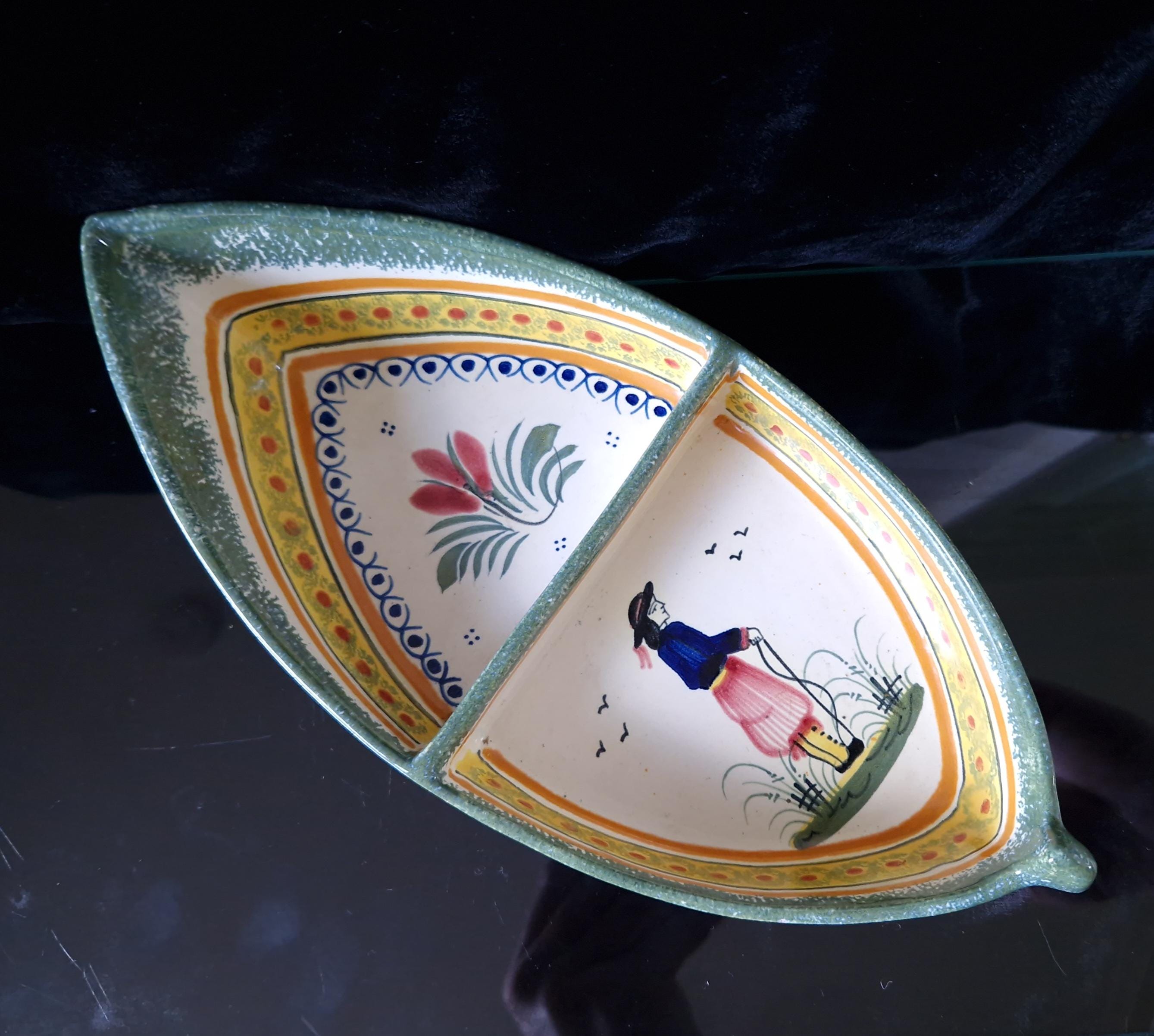 Vintage Henriot Quimper Faience Ceramic Boat Shape Divided Serving Dish