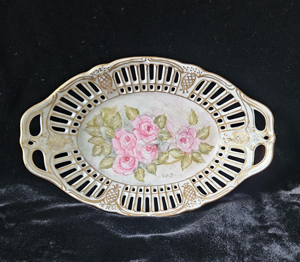 German Porcelain Lattice Dish Handpainted Roses Trinket Dish Vintage