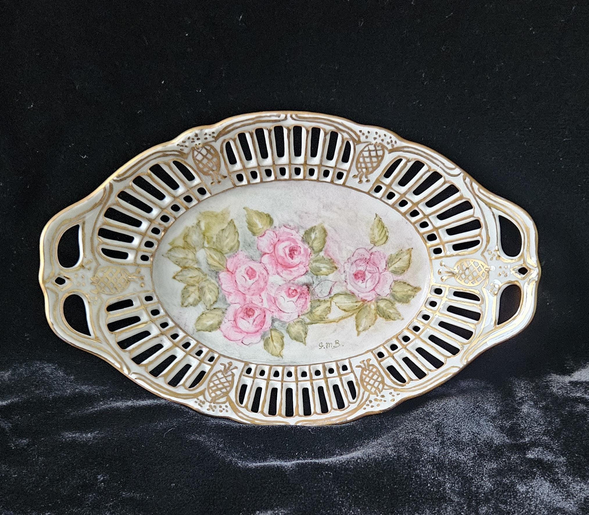 German Porcelain Lattice Dish Handpainted Roses Trinket Dish Vintage