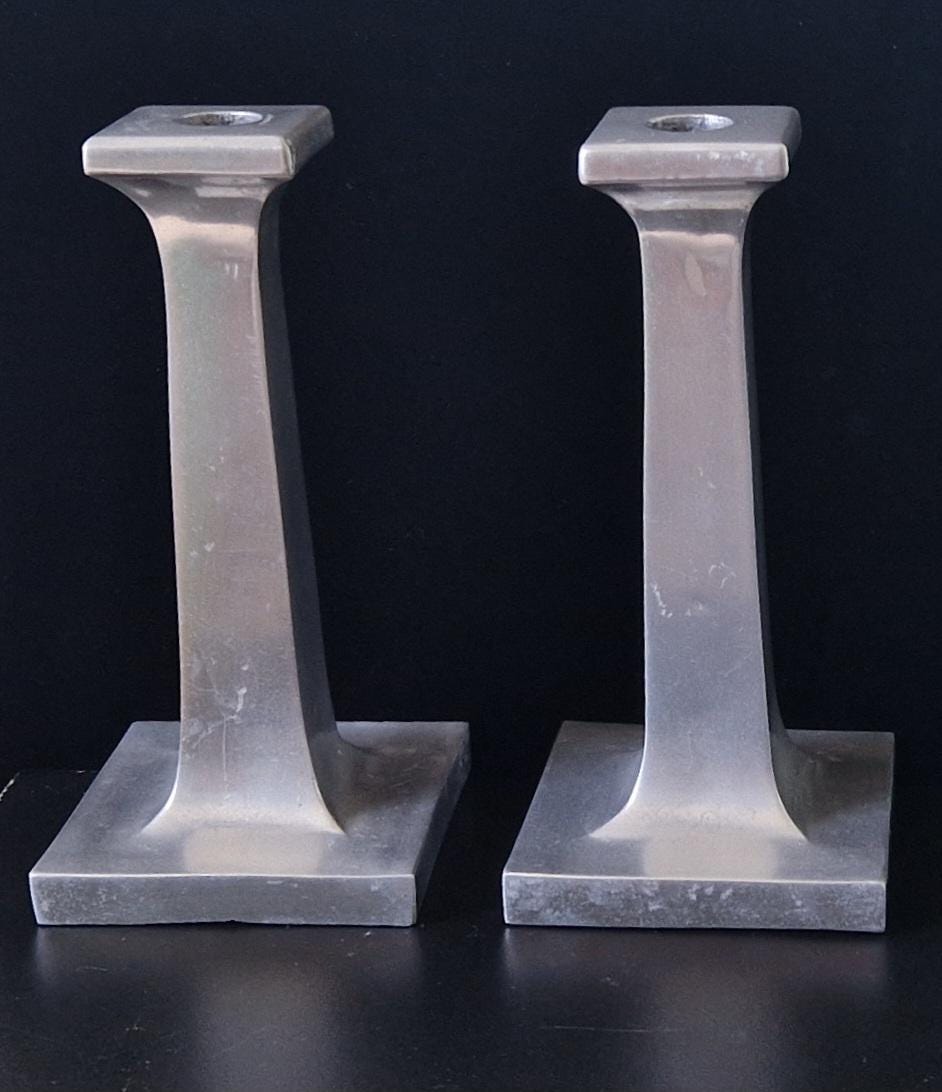 Pair of Solid Cast Aluminium Arts & Crafts Geometric Column Candlestick Holders