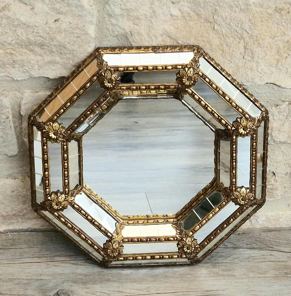 Vintage Small Octagonal Venetian Mirror Hollywood Regency Brass Floral Accents 29.5cm Italy 1970s