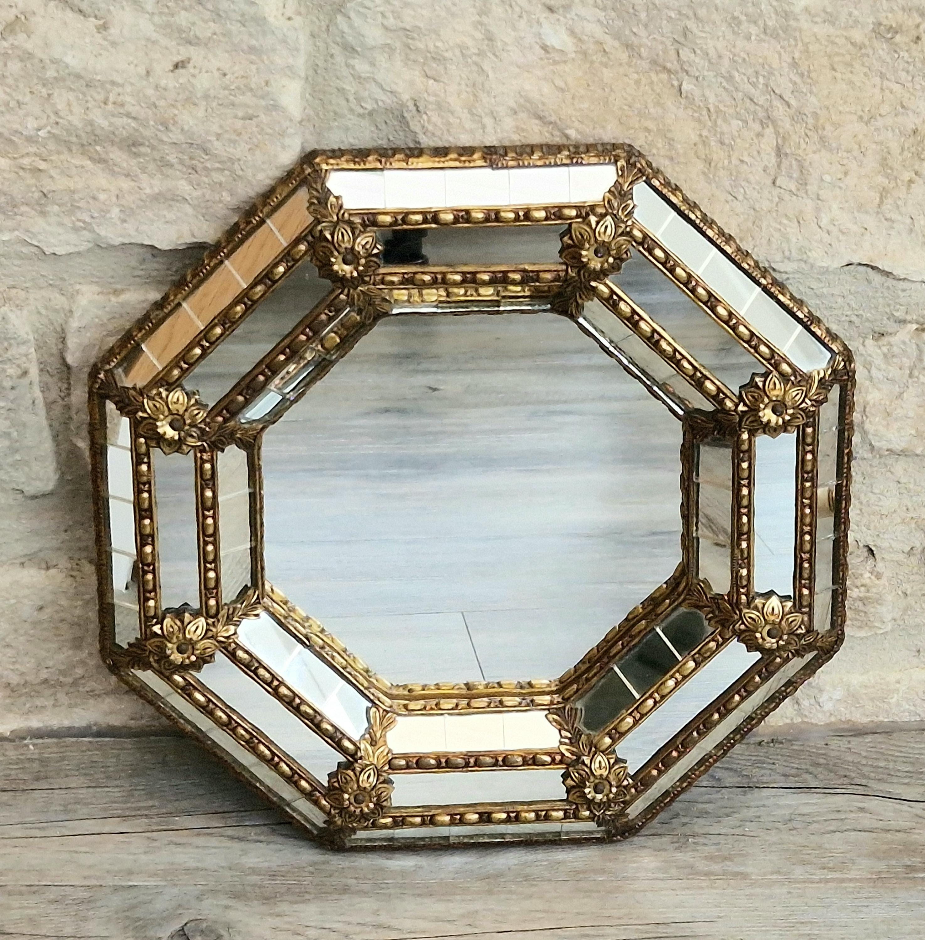 Vintage Small Octagonal Venetian Mirror Hollywood Regency Brass Floral Accents 29.5cm Italy 1970s