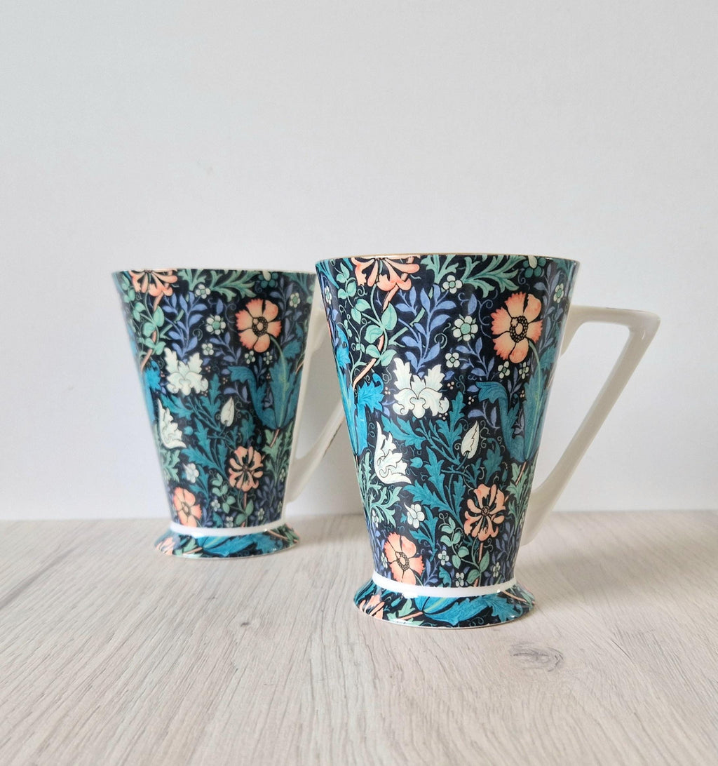 2 x Morris & Co Queens Compton Floral Art Deco Footed Bone China Coffee Mugs