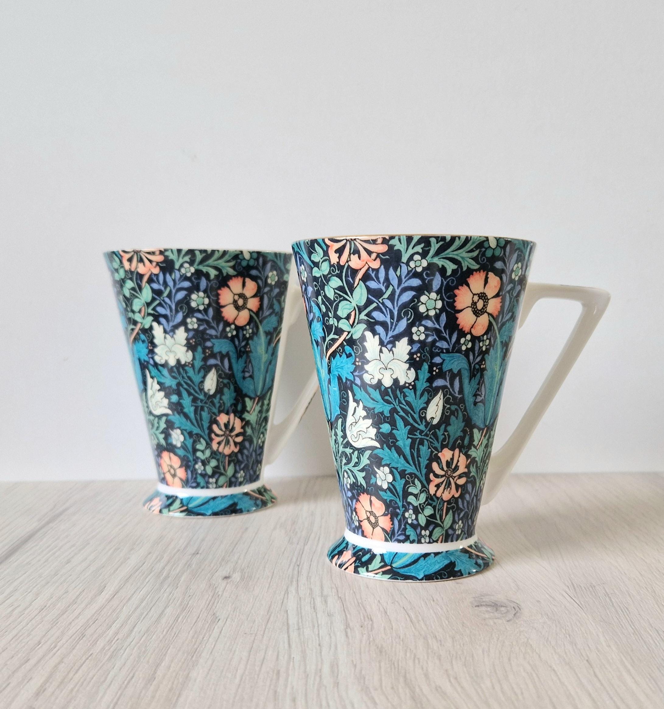 2 x Morris & Co Queens Compton Floral Art Deco Footed Bone China Coffee Mugs