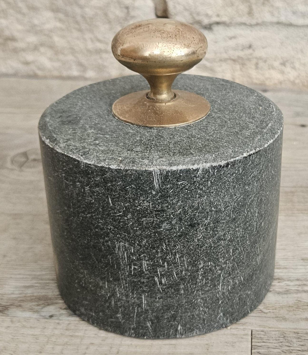 Original Mcm Green Stone Door Stop with Brass Handle Rustic Midcentury Circular Doorstop