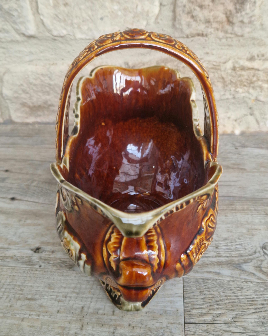 Antique Large Majolica Treacle Glaze Basket Planter Vase