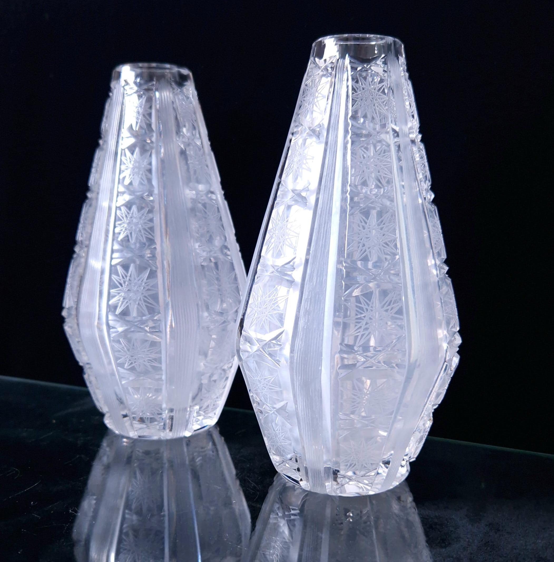 Antique Bohemian Crystal Vases: Queen Anne Lace Cut, Pair