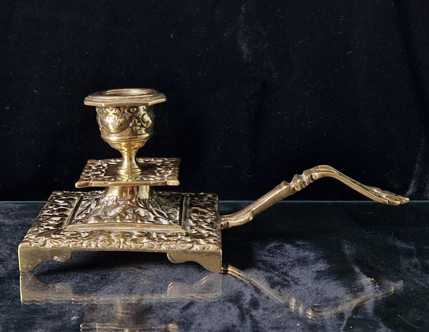 Fine French Antique Rococo Solid Brass Square Tiered Footed Chamberstick