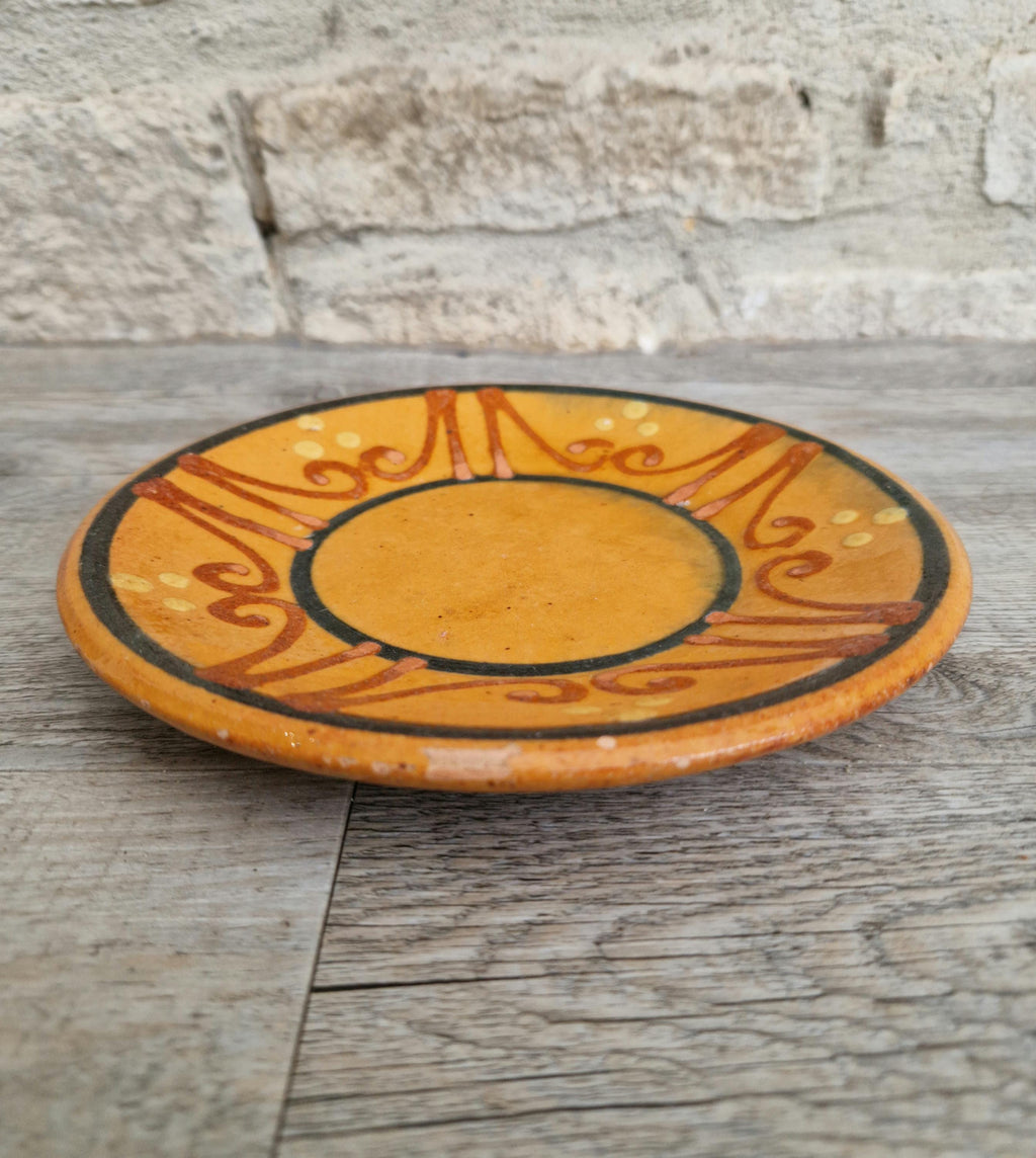 Vintage French Rustic BIOT Ceramic Ornate Design Motif Yellow Glaze Dessert Plate