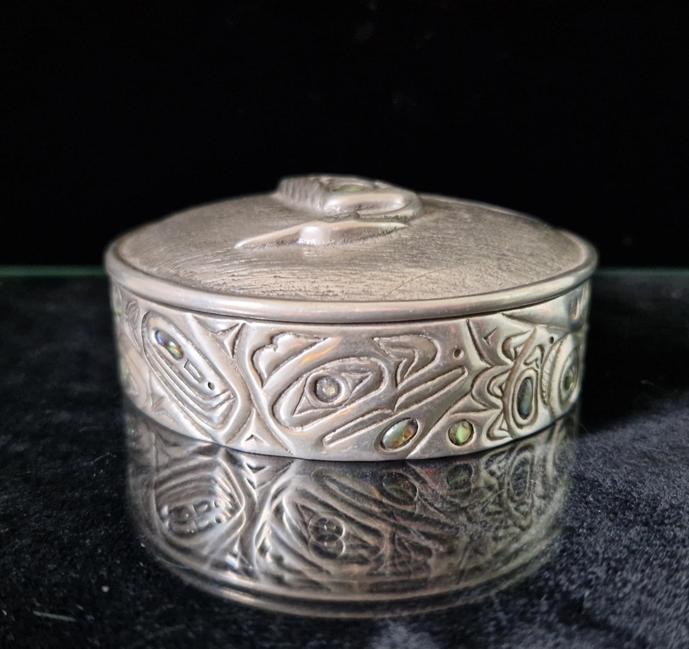 Vintage Mid Century Pewter & Glass Bead Heron Relief Trinket Box