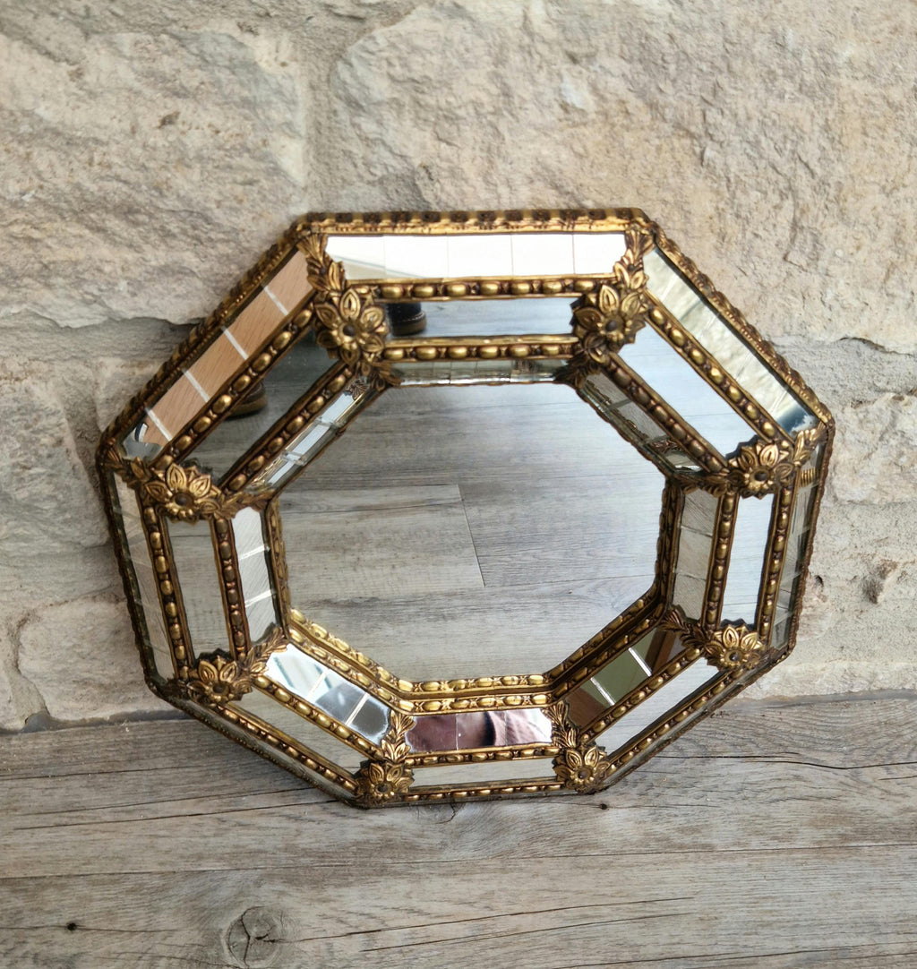 Vintage Small Octagonal Venetian Mirror Hollywood Regency Brass Floral Accents 29.5cm Italy 1970s