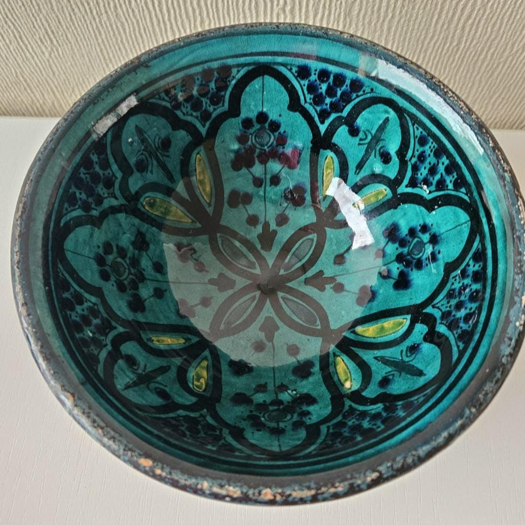 Vintage SAFI, Morocco: Earthenware Footed Bowl turquoise Patterned Signed
