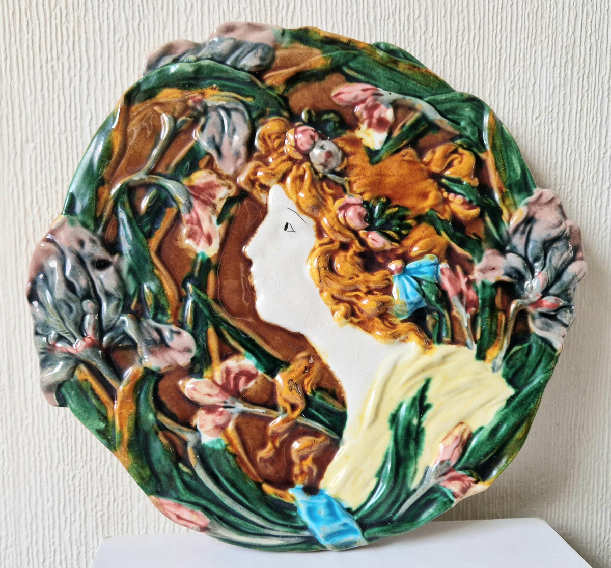 Antique Majolica Floral Yellow Dress Lady Handpainted Art Nouveau Ceramic Wall Plaque Roundel