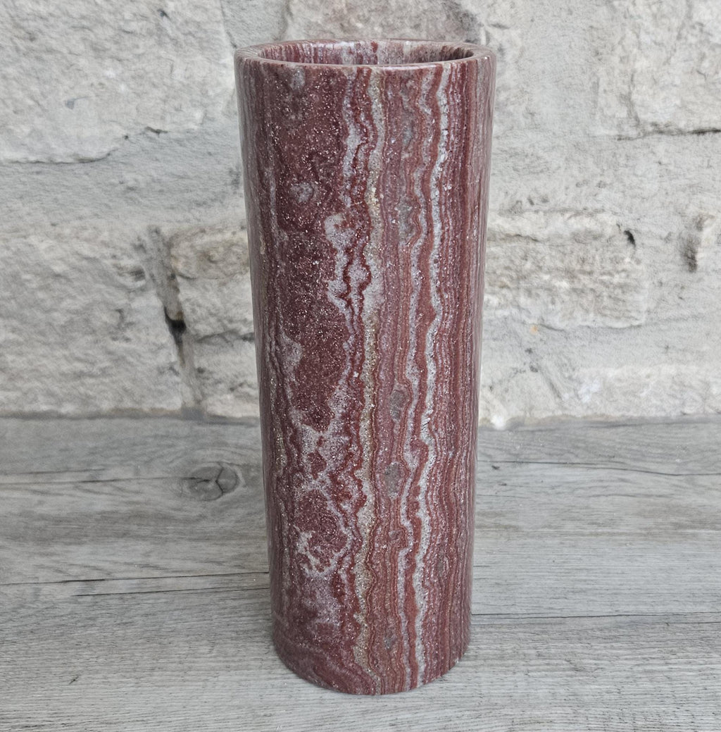 Vintage Red Onyx Marble Vase Cylinder Shape 19.5cm Tall