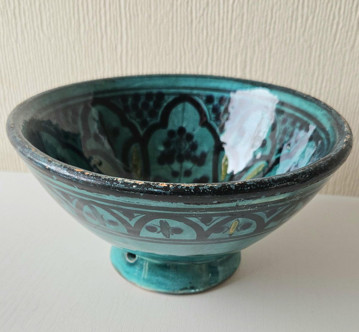 Vintage SAFI, Morocco: Earthenware Footed Bowl turquoise Patterned Signed