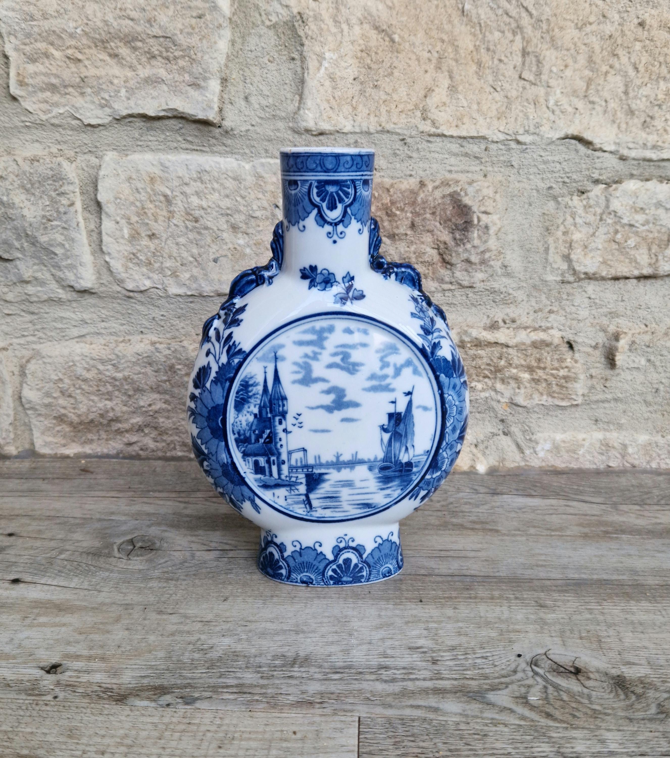 Vintage Dutch Delft Pottery Blue & White Moon Flask Vase River Scene 23cm