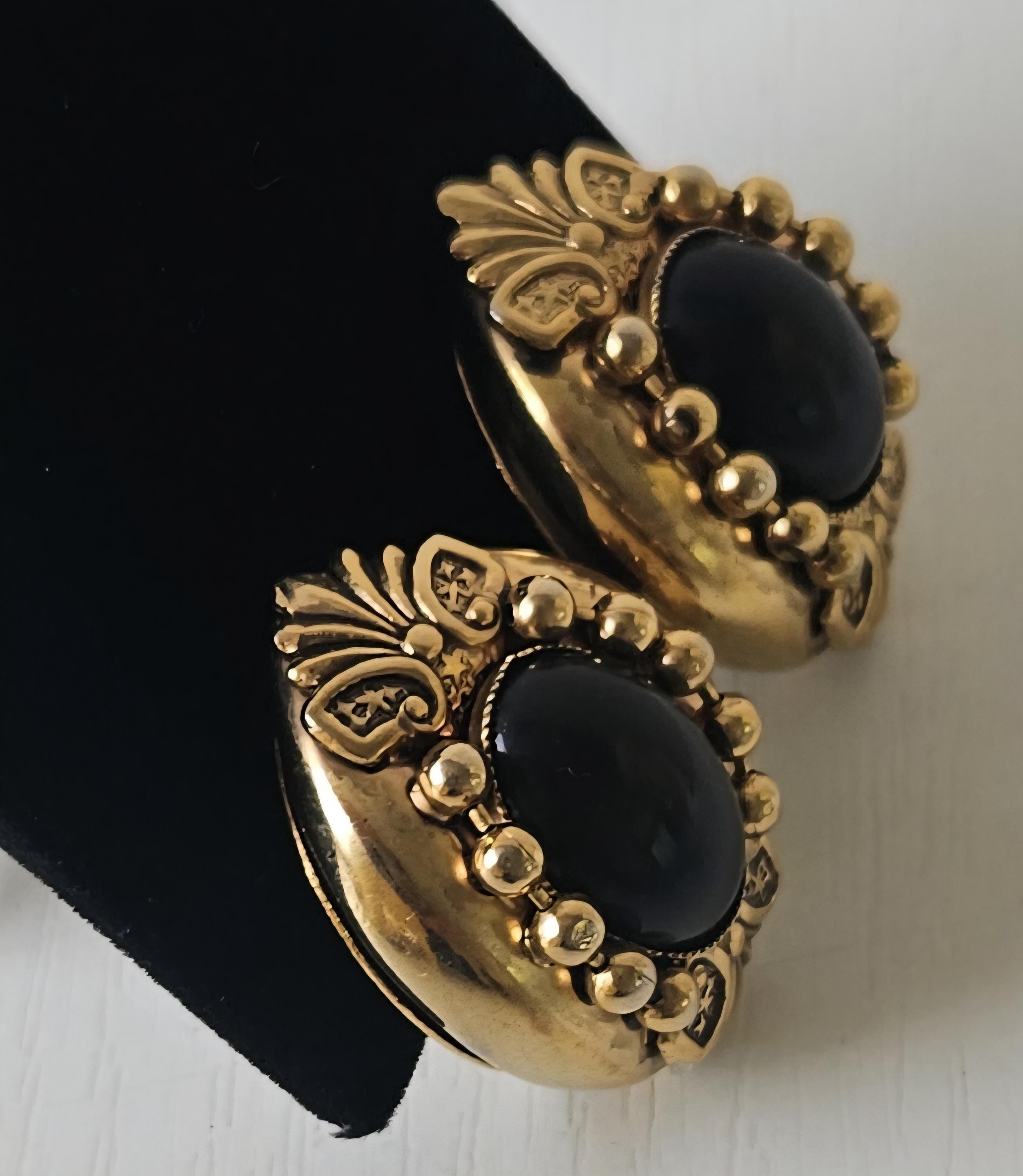 1980s Black Cabochon Clip-On Earrings: Gold Tone Statement Jewelry