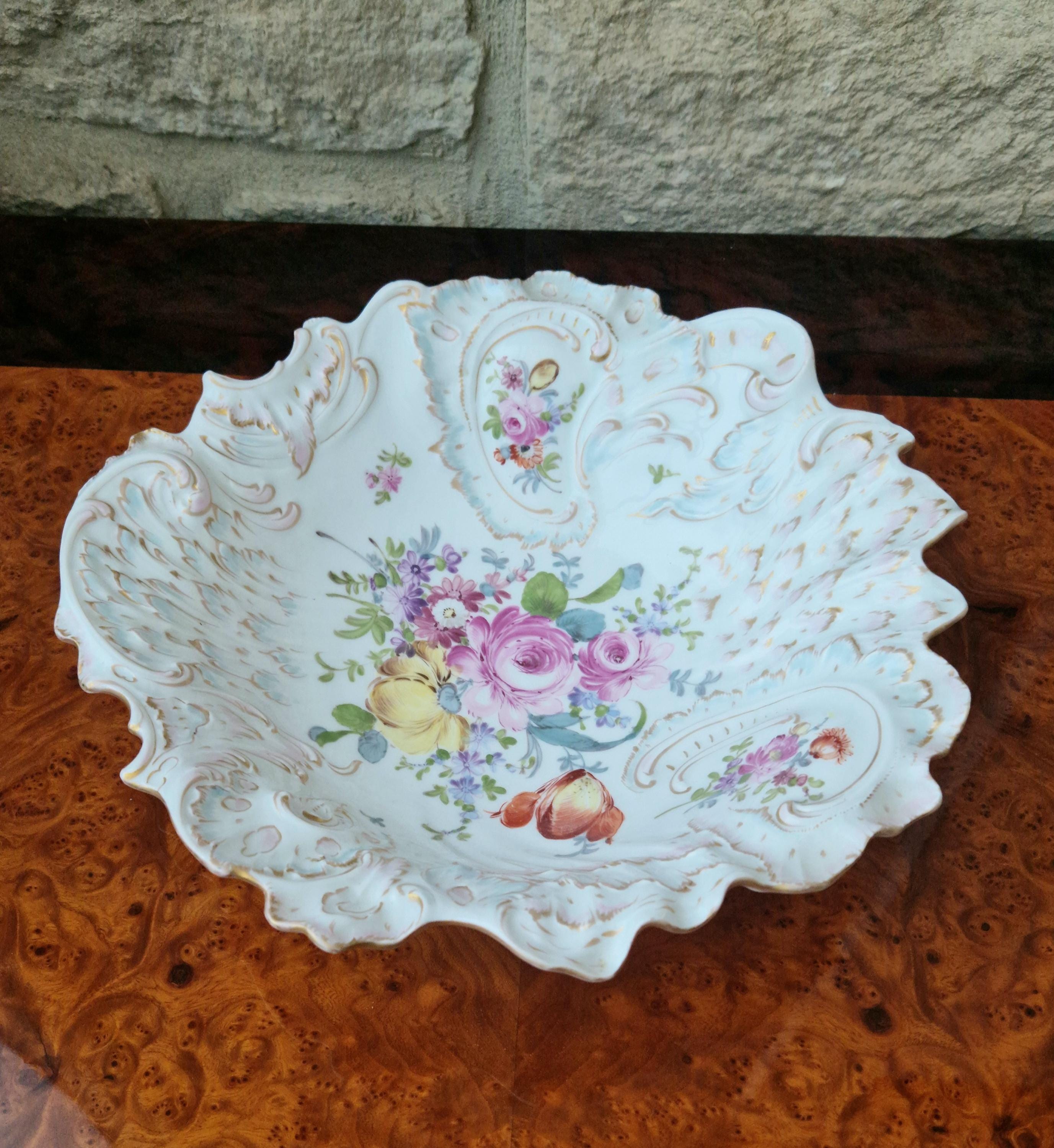 Antique Large 19th C. Dresden Ruffled Edge Rococo Style Floral Gilded Centrepiece Serving Bowl