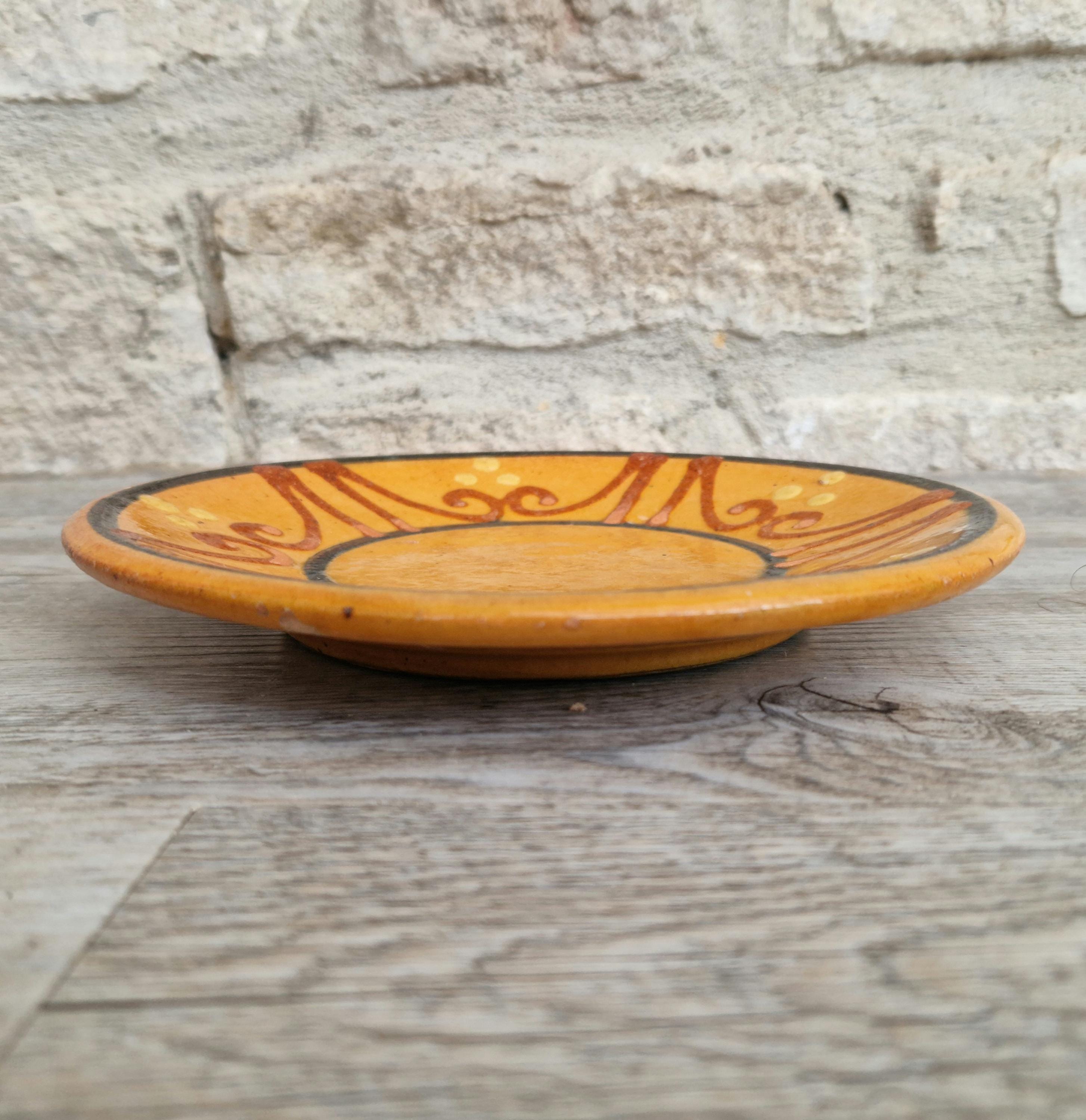 Vintage French Rustic BIOT Ceramic Ornate Design Motif Yellow Glaze Dessert Plate
