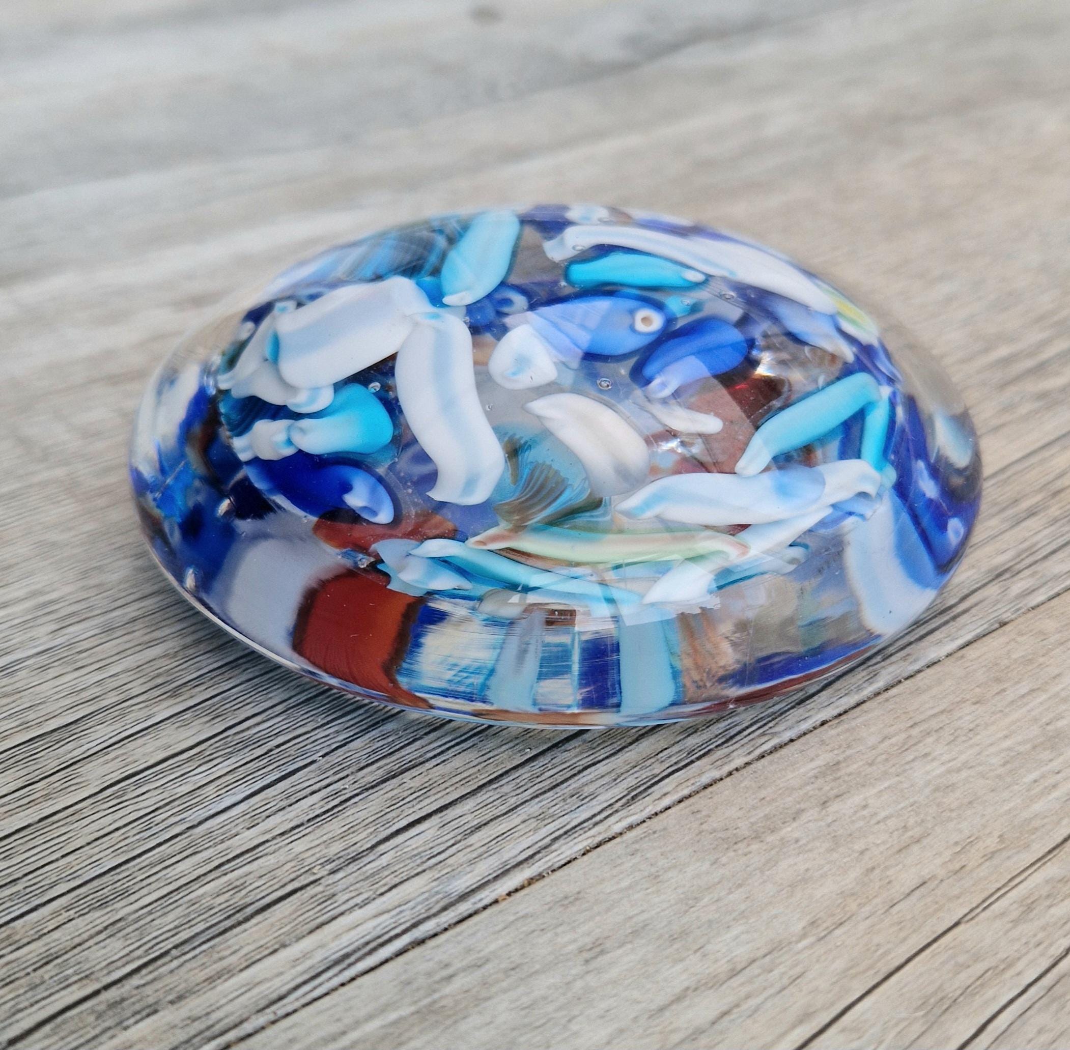 Large Murano Art Glass Stretched Blue Cane Disc Paperweight