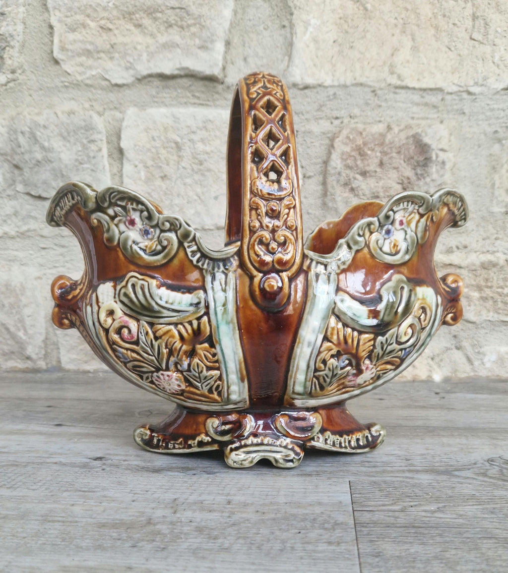 Antique Large Majolica Treacle Glaze Basket Planter Vase