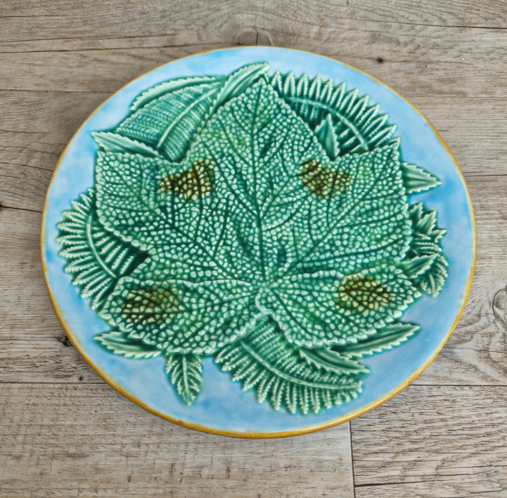Art Nouveau Majolica Pottery Plate With Leaf & Fern Design Light Blue Ground Double "J" Mark 22cm
