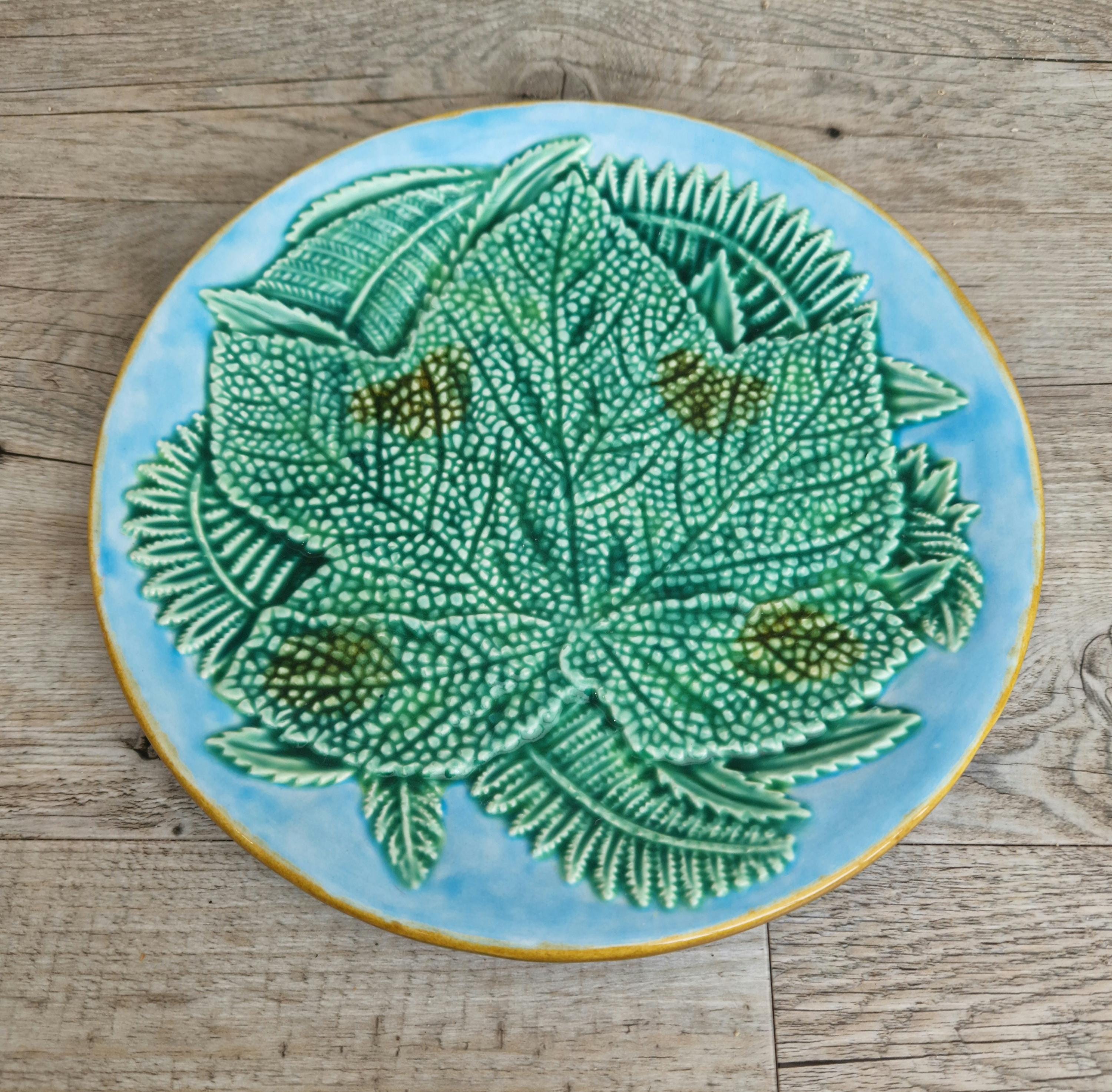 Art Nouveau Majolica Pottery Plate With Leaf & Fern Design Light Blue Ground Double "J" Mark 22cm