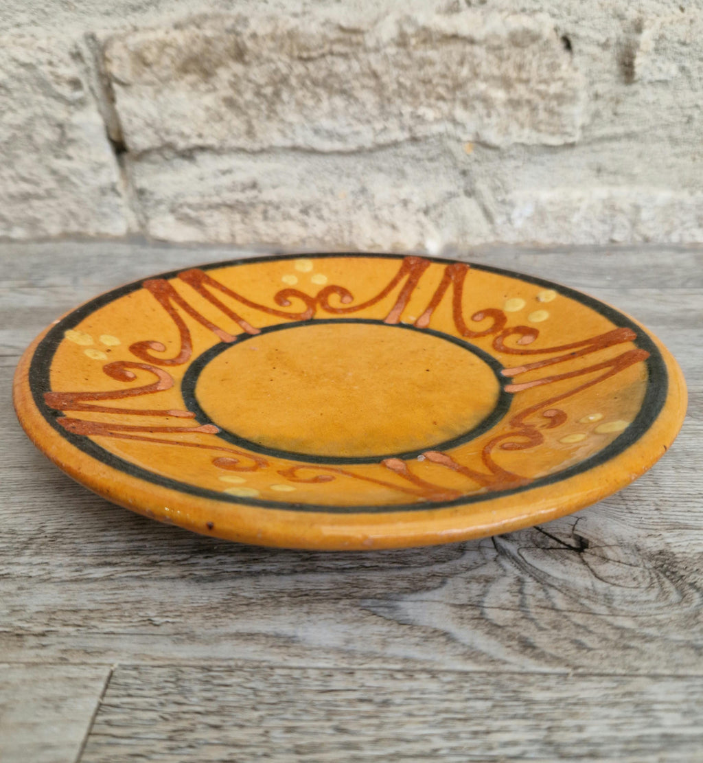 Vintage French Rustic BIOT Ceramic Ornate Design Motif Yellow Glaze Dessert Plate
