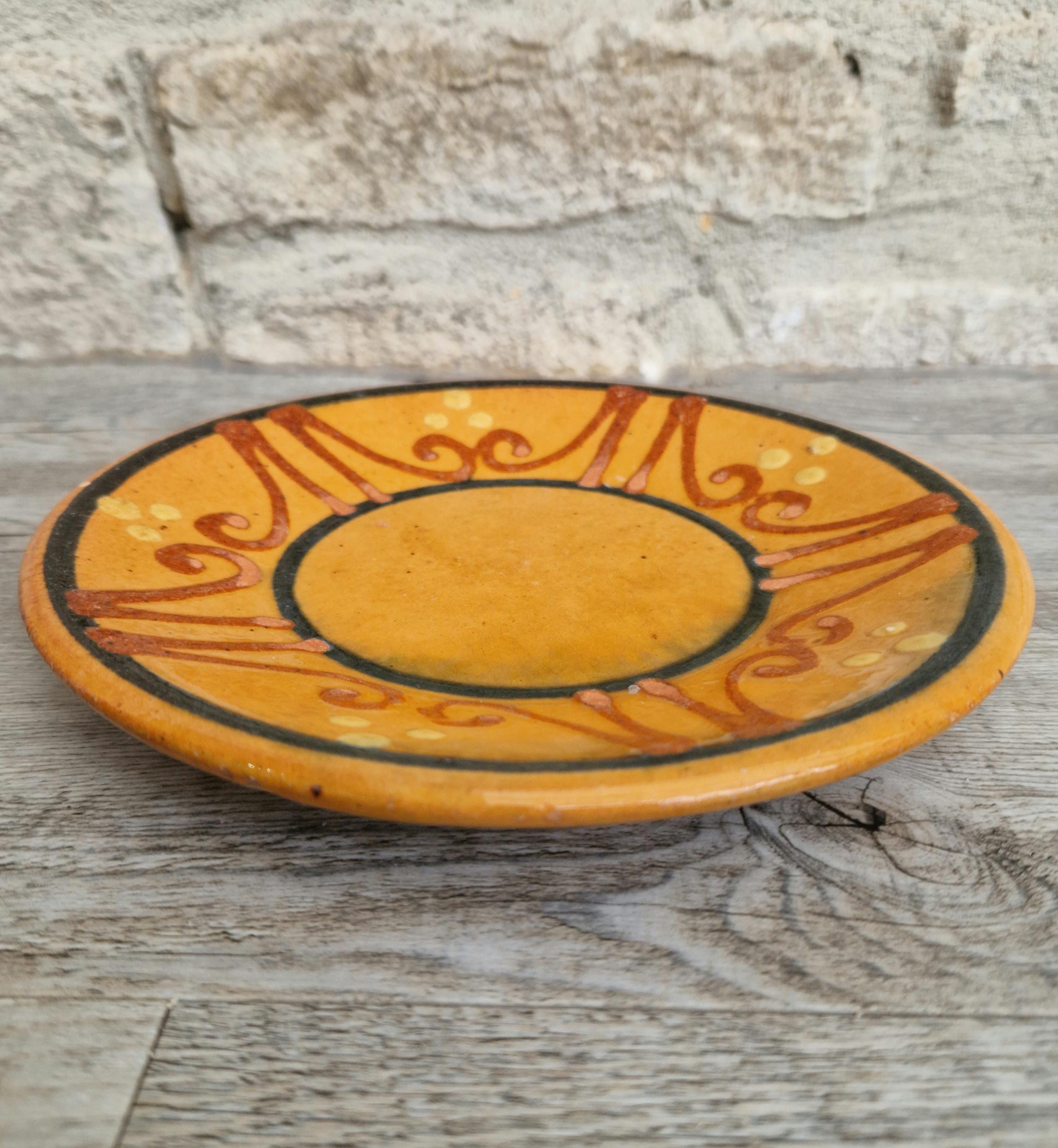 Vintage French Rustic BIOT Ceramic Ornate Design Motif Yellow Glaze Dessert Plate