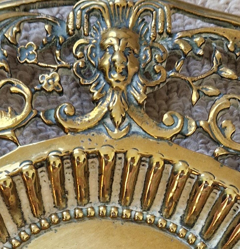 Antique Ornate Heavy Cast Brass Pierced Work Beaded & Ribbed Oval Baroque Card Platter Plate