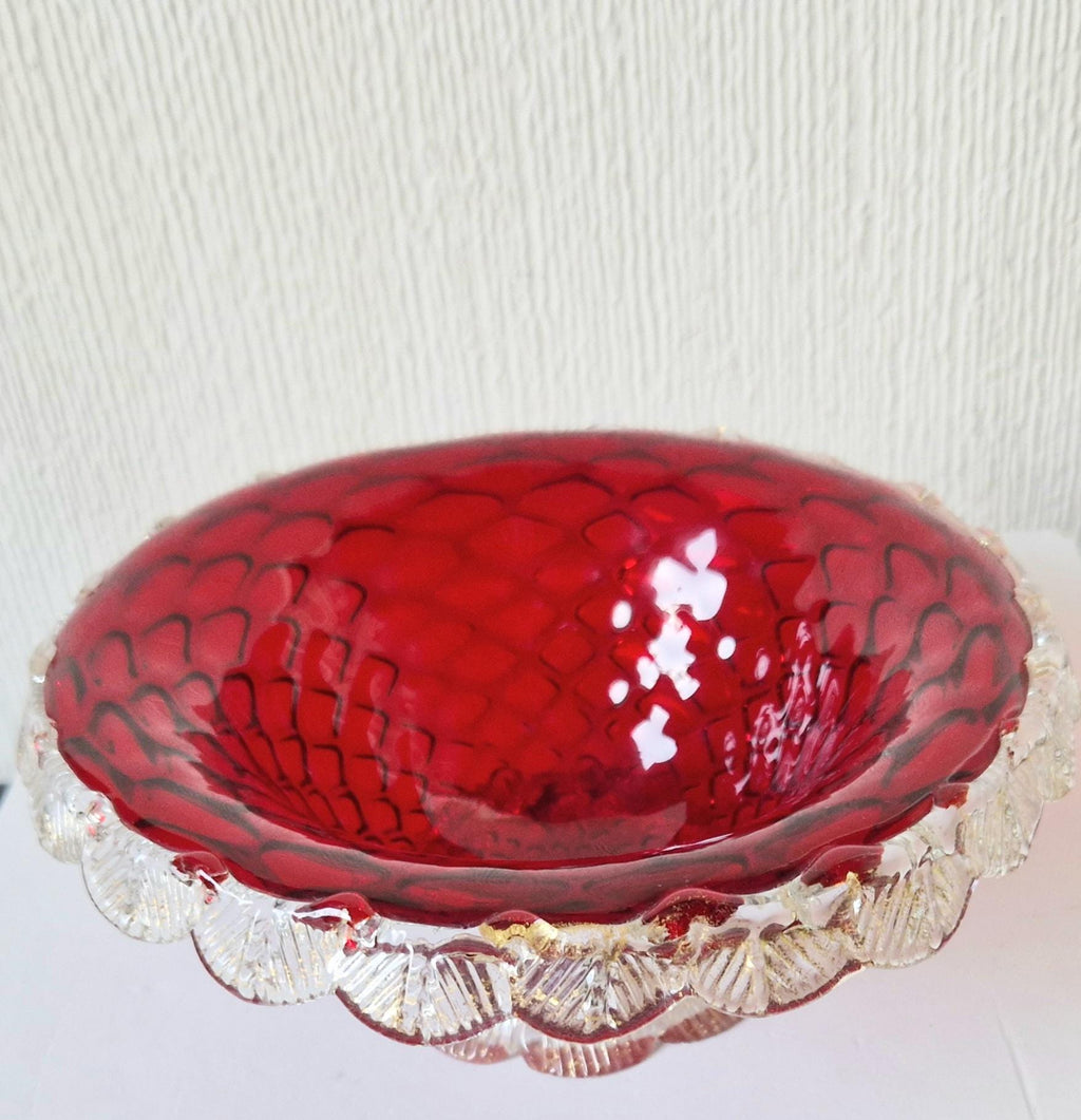 1960's Ruby Red & Gold Flecks Salviati Venetian Art Glass Pedestal Bowl